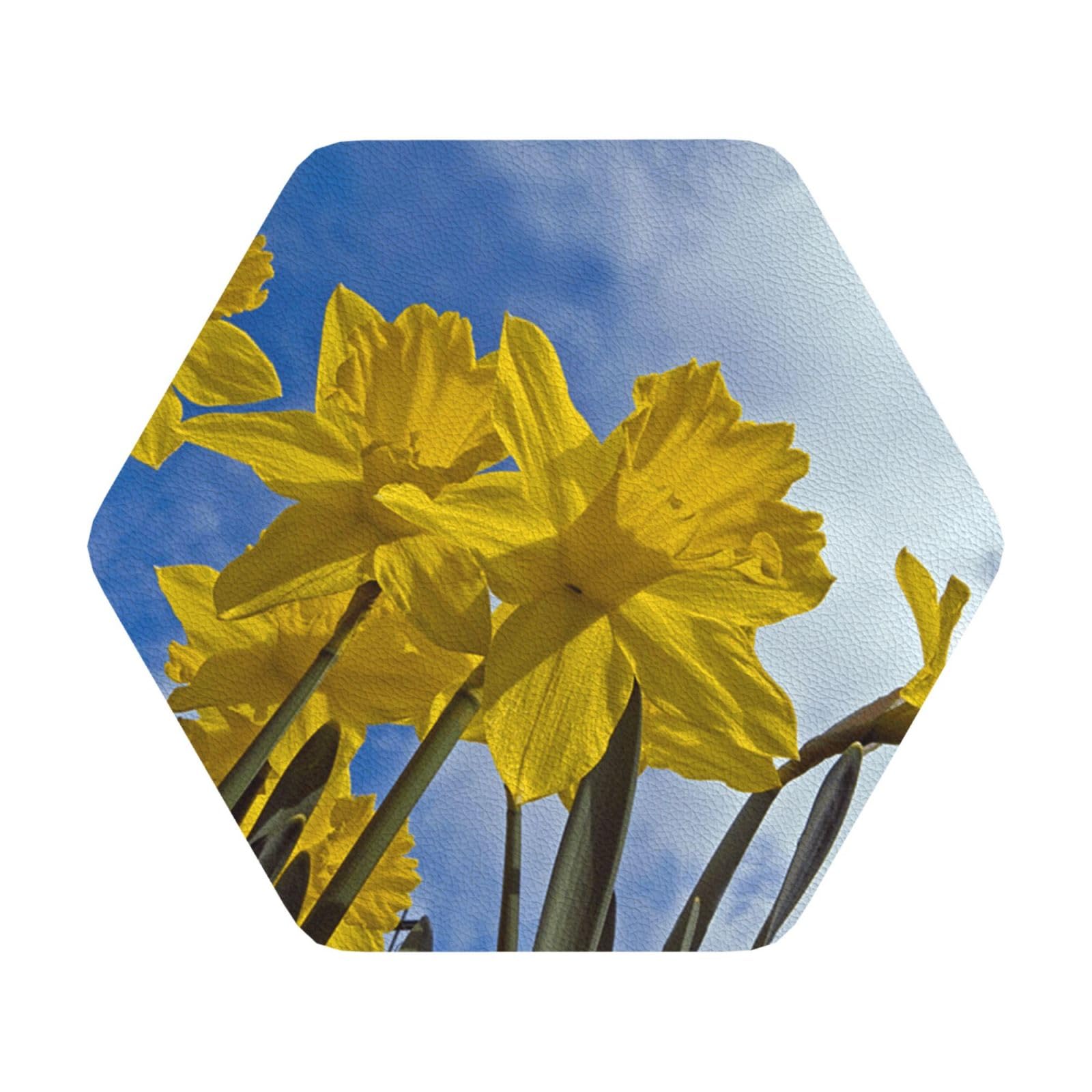 Yellow Daffodil PU Leather Coasters Set of 6 Hexagon Drink Coasters