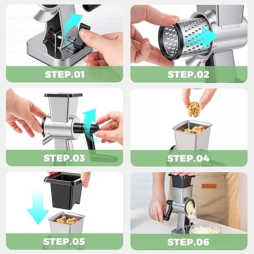 Miniatura 7 de LHS Rallador de queso giratorio de acero inoxidable, triturador manual de queso, rallador de nueces con 3 cuchillas de tambor intercambiables para