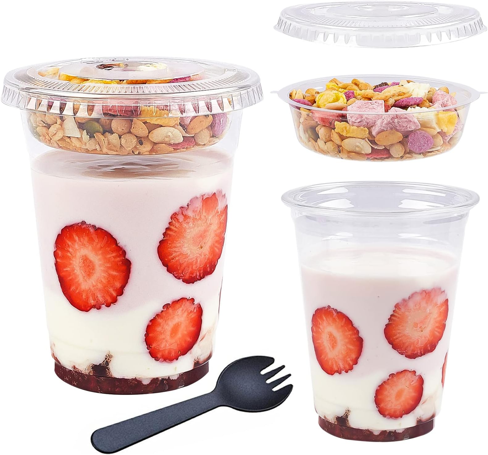 12 oz Clear Plastic Yogurt Parfait Cups with Lids Disposable To Go Cereal Cups for Breakfast Snack Fruit, Veggies and Dips (50 Cups+Inserts+Sporks+Flat Lids)