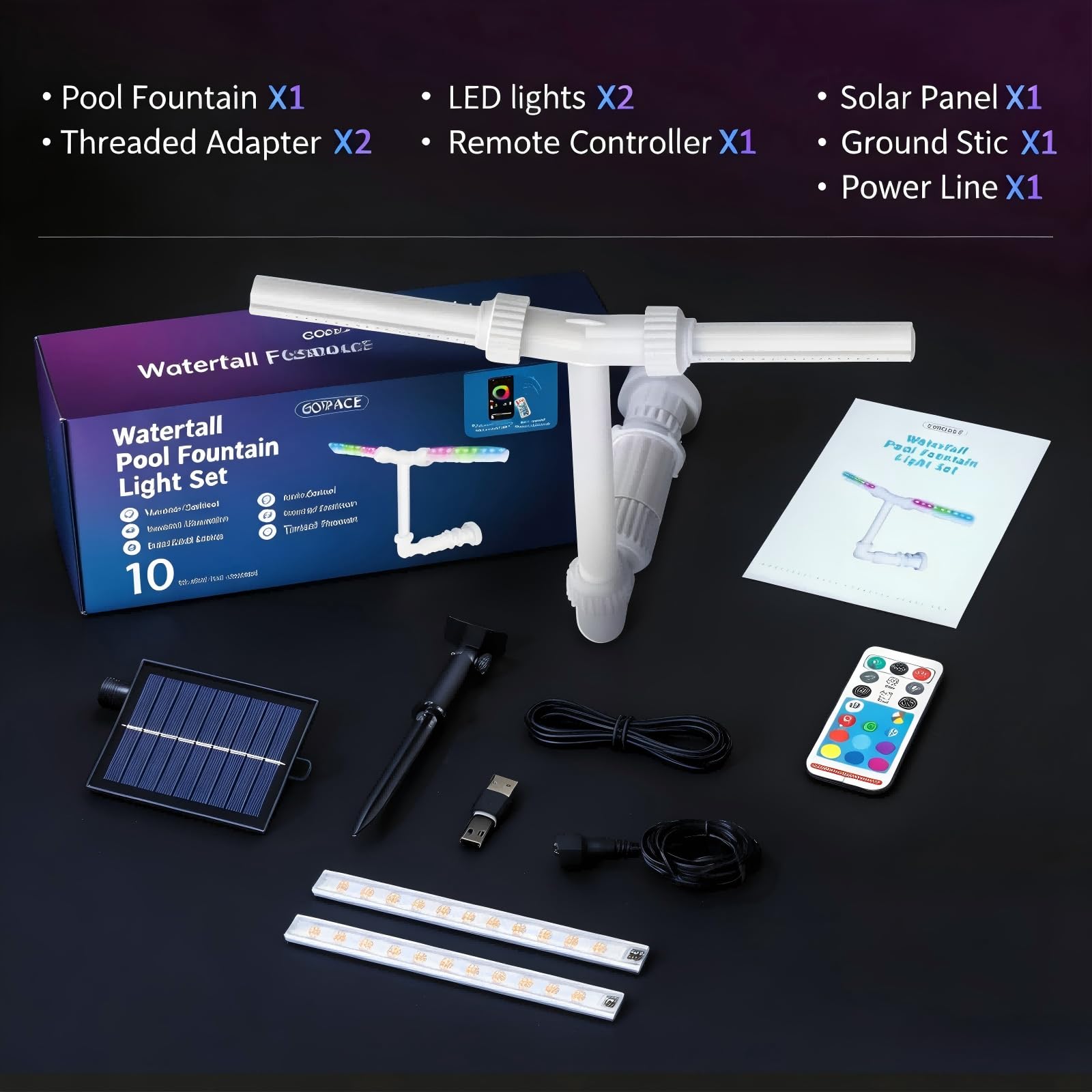 Fuente Solar LED para Piscinas – Doble Chorro 360° Ajustable, RGBIC, Carga Solar+USB, Mando+App, para Piscinas Sobresuelo y Enterradas