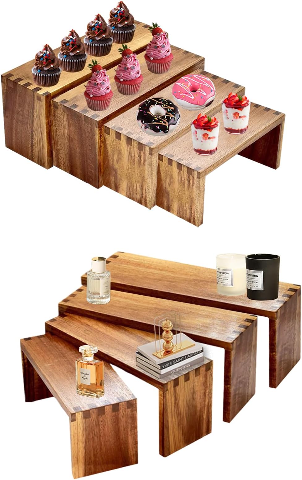 8Pcs Wood Risers Display Stands 2 Set, 4 Tier Rectangular Spice Rack for Food, Desserts, Cup Cake Stand, Large Tiered Shelf Organizer for Perfume, Makeup, Dolls, Collectibles