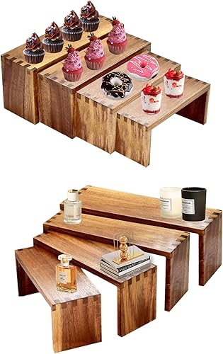 Juego de 6 soportes de exhibición de madera, 2 juegos, organizador rectangular de 3 niveles para alimentos, postres, soporte para tartas de tazas,