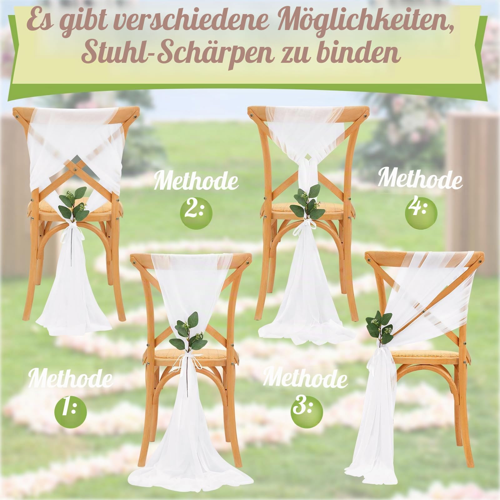 16 Stück Stuhlhussen Hochzeit Weiß 26x240cm – Chiffon Stoff Stuhlschleifen Stuhldeko Tüll Stuhlschärpen Kirche Bankreihe Hochzeit Party