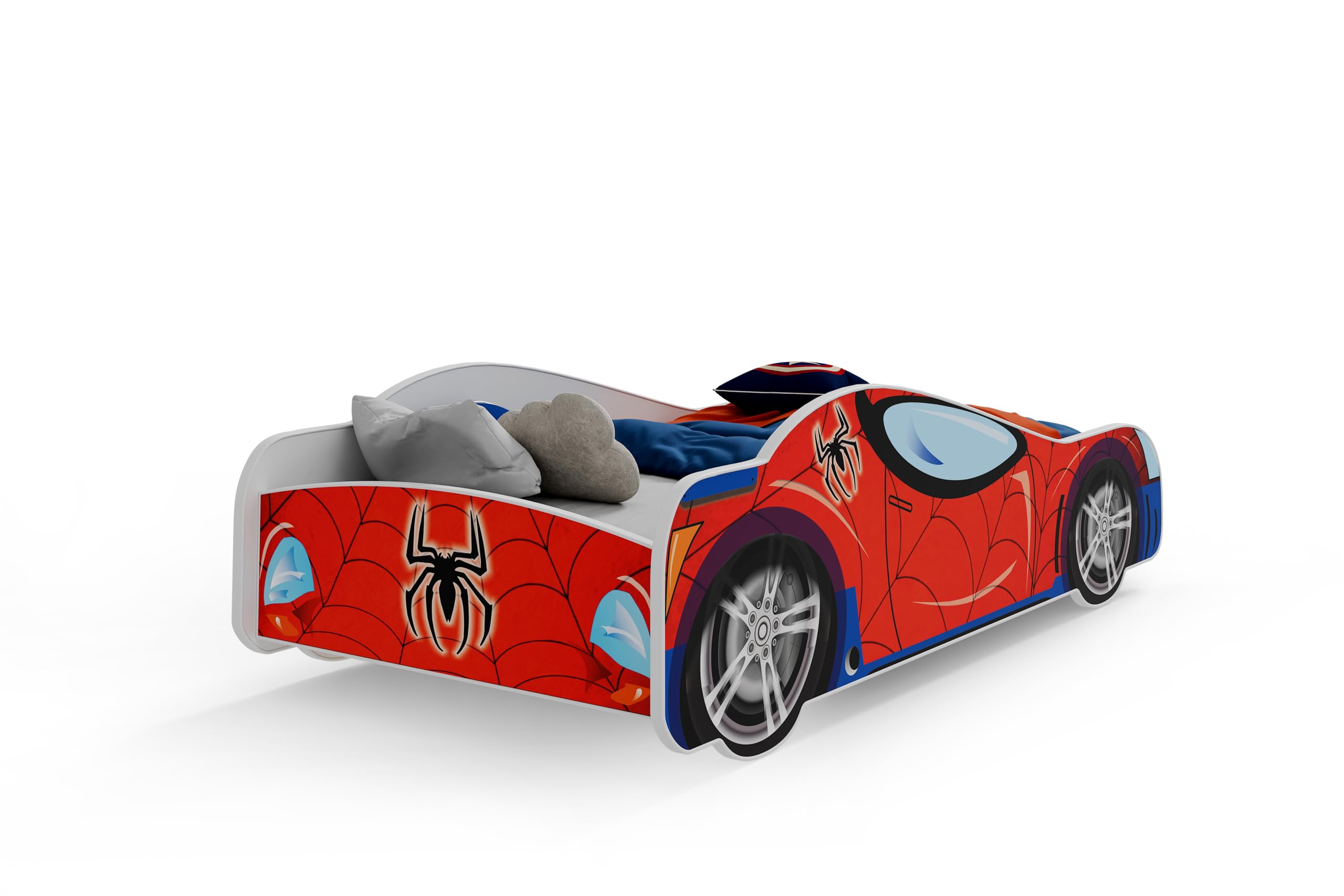 KOBI Lettino per bambini Spider Bat Car | Multicolor | Tema del supereroe Spiderman Batman | Letto per bambini ragazzo ragazza | con struttura del letto (SPIDER, 140x70)