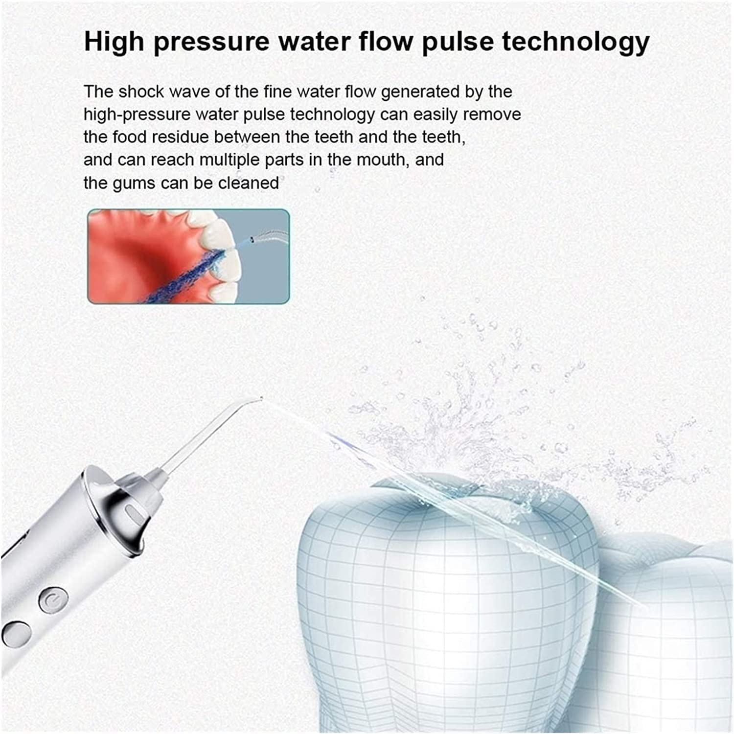 Idropulsore 3 modalità, Irrigatore Orale Dentale Senza Fili da 150 ml, 3 modalità e 5 Punte a Getto, IPX7 Impermeabile, detergente for Denti Impermeabile Ricaricabile for casa e Viaggi