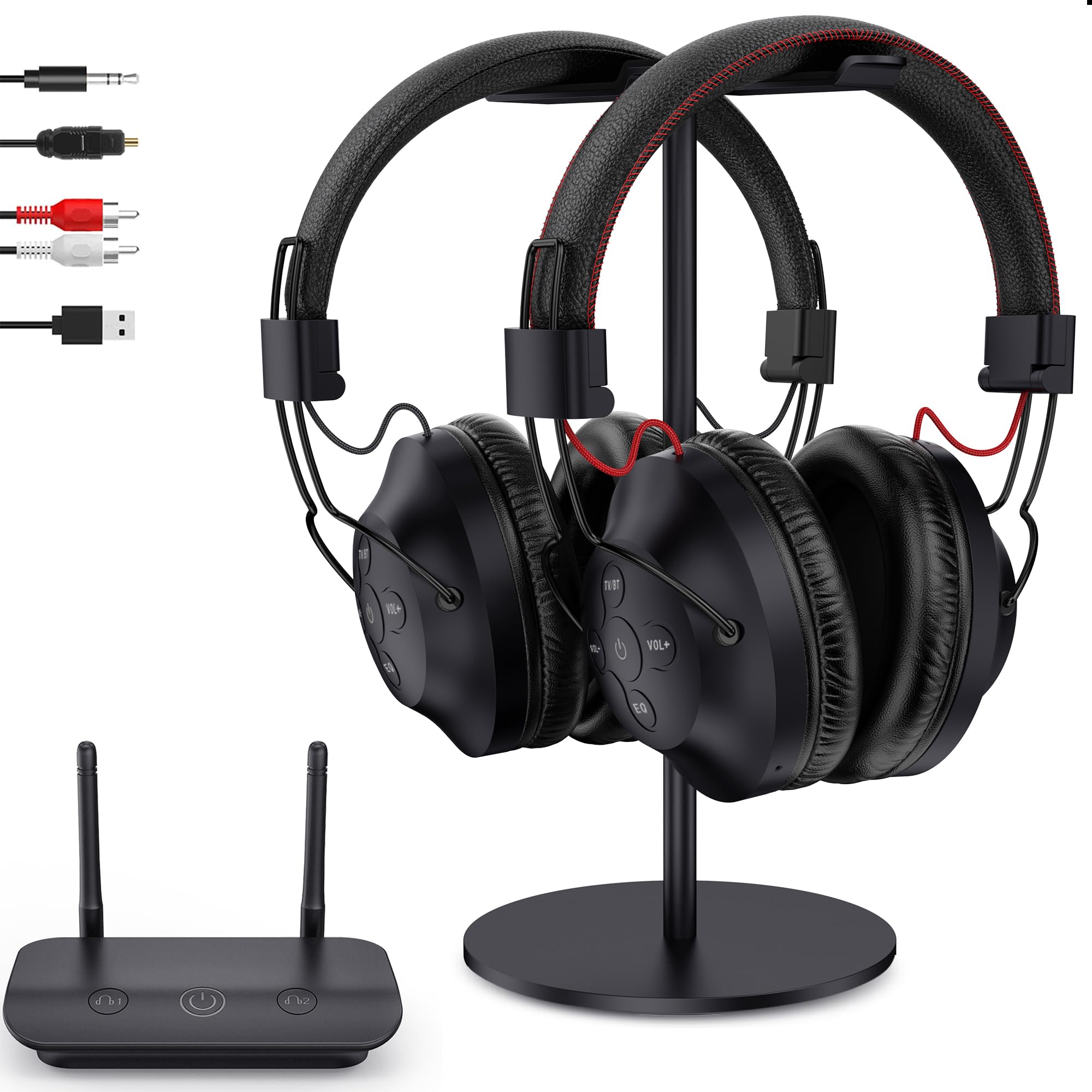 Dual Wireless Kopfhörer zum Fernsehen mit Sender und Headset-Ständer, 196ft Reichweite mit optischen, AUX, RCA und USB, hohe Lautstärke, 40 Stunden Spielzeit