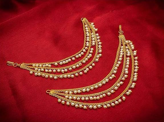 MEENAZ Brass copper Gold kanchain 3 layer long bridal wedding ear kan chain Champaswaralu earchains Ear Chains for Hair Jhumka Jhumki kanoti moti pearl Traditional Earrings for women girls Golden-M020 - Image 2
