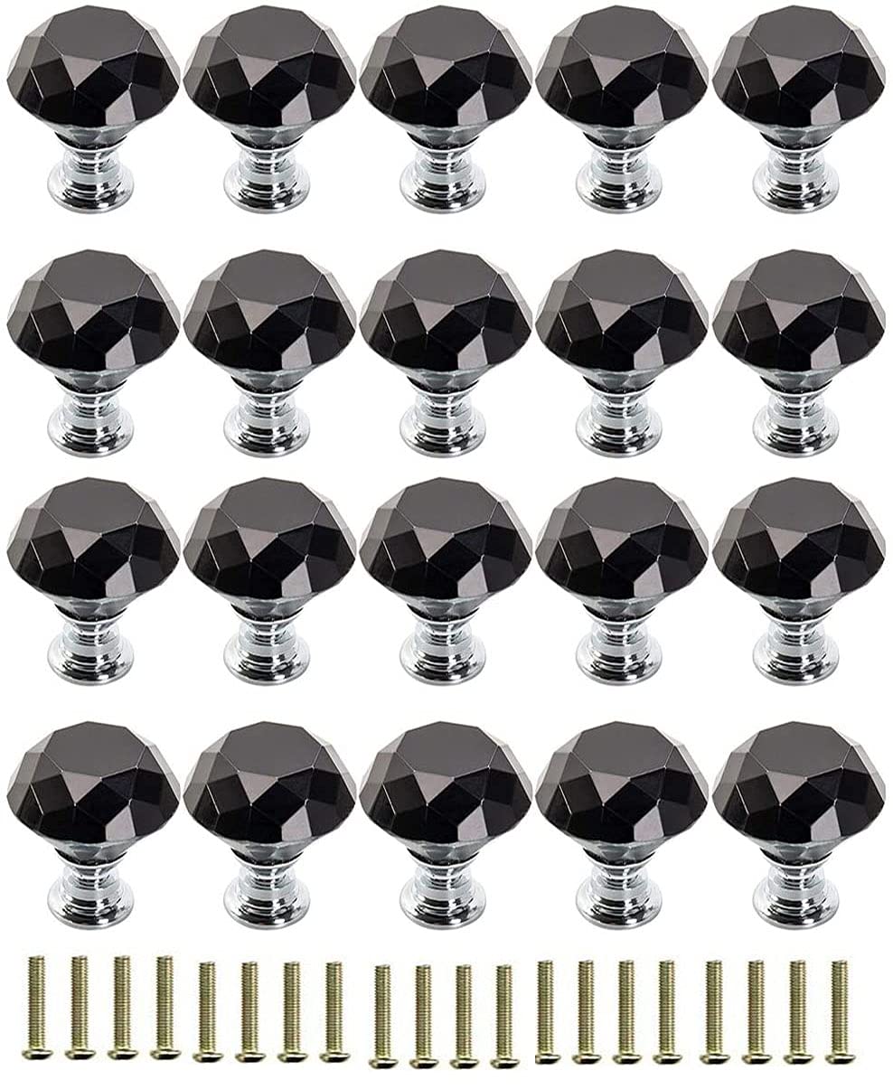 20Pcs 30mm Drawer Knobs Crystal Glass Door Knobs Black Diamond Shape Pull Handle for Kitchen Cabinet Drawer Wardrobe Cupboard