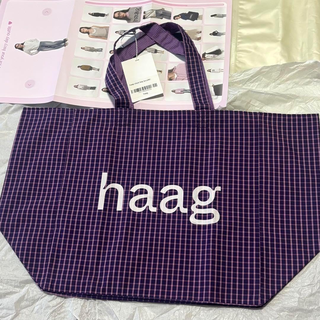 新品未使用　haag トートバッグ　エコバッグ　チェック haag トートバッグ エコバッグ チェック 紫 韓国 未使用