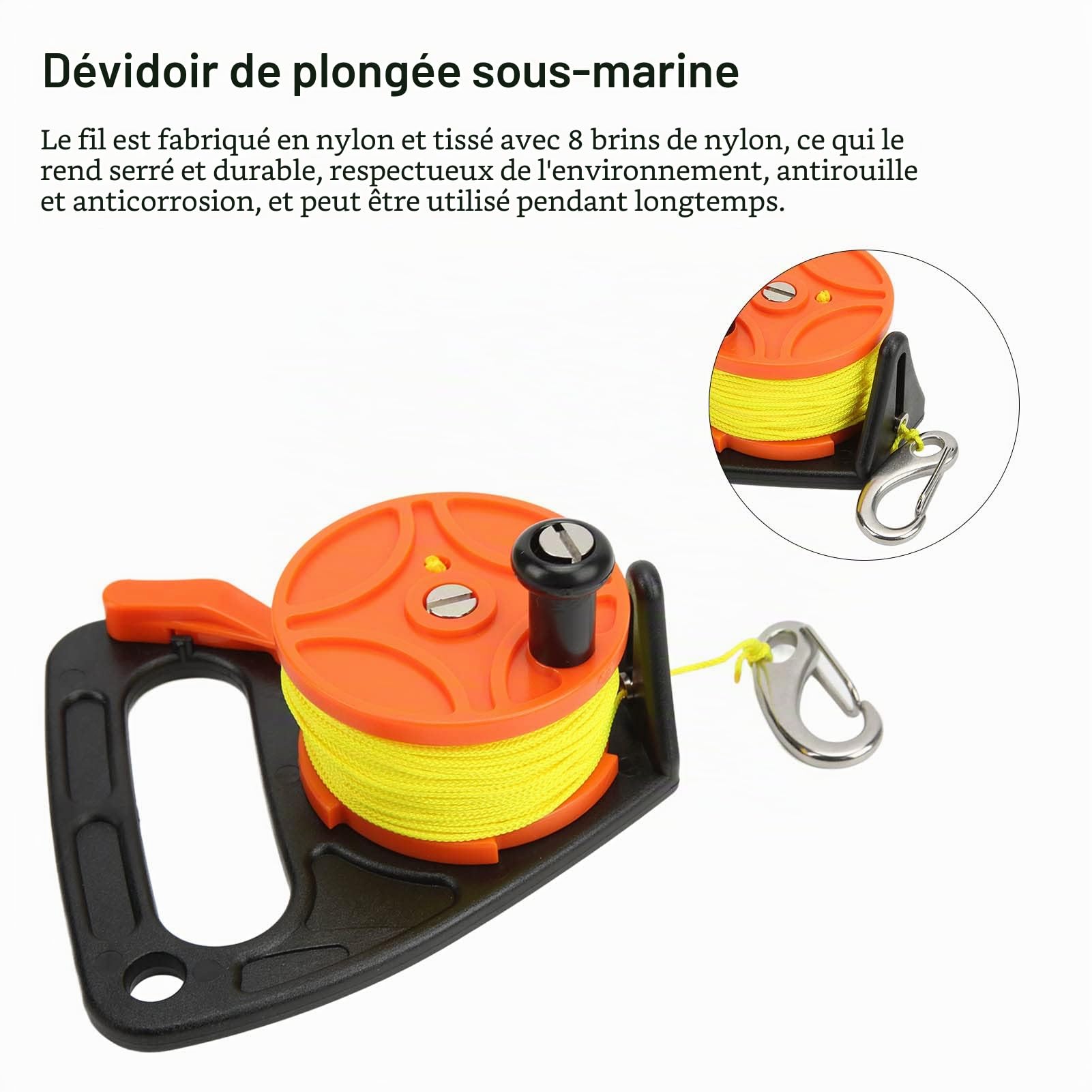 BuyWeek Moulinet de Plongée avec 46m Ligne, Moulinet de Plongée Sous Marine avec Bouchon de Pouce Crochets, Moulinet de Pêche pour Plongée en Apnée, Sports Nautiques Sous Marins (Orange)