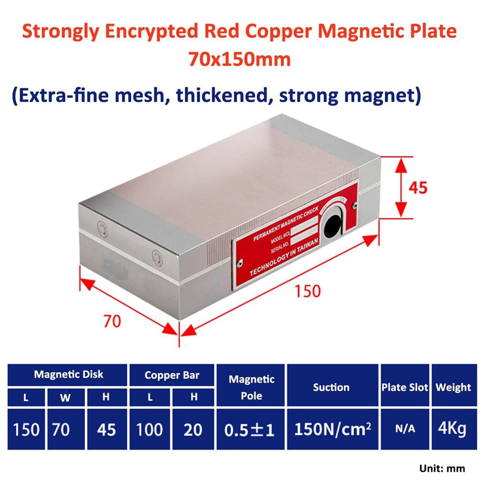 Portabrocas magnético permanente de 150 N/cm², fuerza de succión, paso de poste de 0,5 + 1 mm, placa sinusoidal magnética para amoladora de superficie, EDM y fresadora de 100 x 100 mm