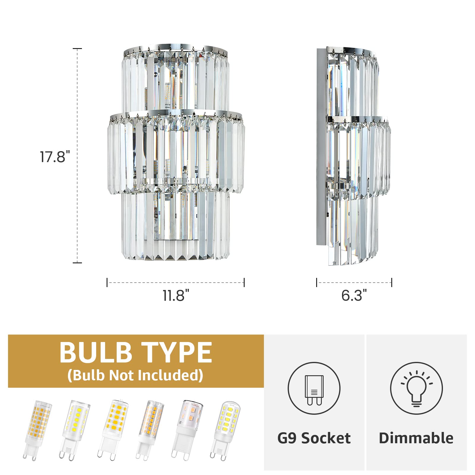 Moooni Modern Crystal Wall Sconces, Chrome Wall Light Sconces with 3-Tiers K9 Crystal Shade, Dimmable Crystal Wall Mount Lamp for Bedroom Living Room Hallway L12 x H 16.5" x D 6"