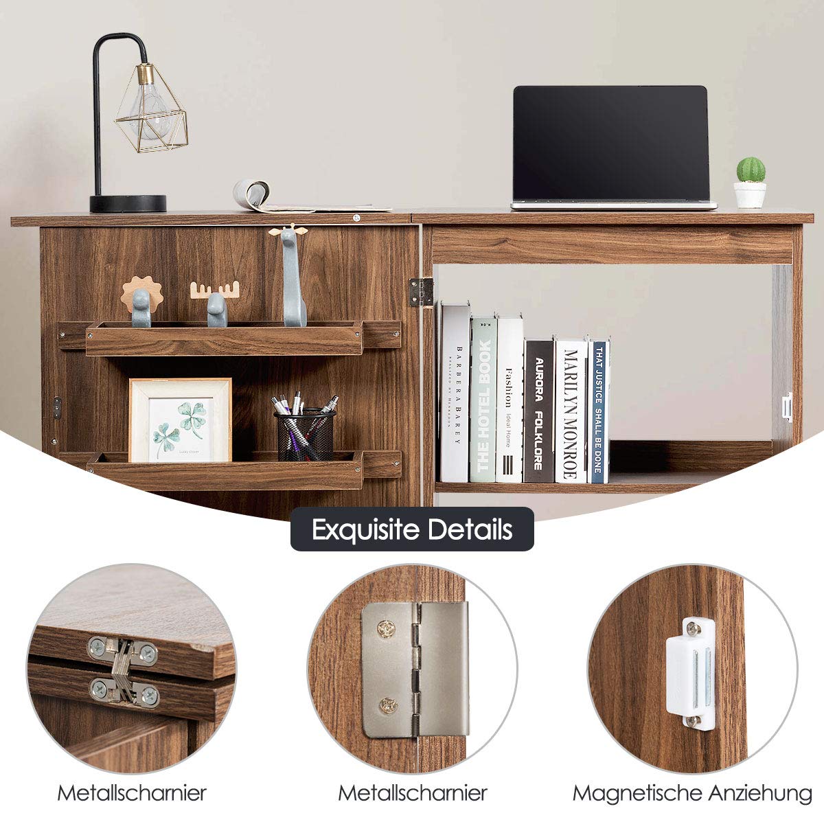 DREAMADE Nähtisch Nähmaschinenschrank Faltbar, Nähschrank Nähmöbel, Mehrzwecktisch mit 4 Rollen (Braun)