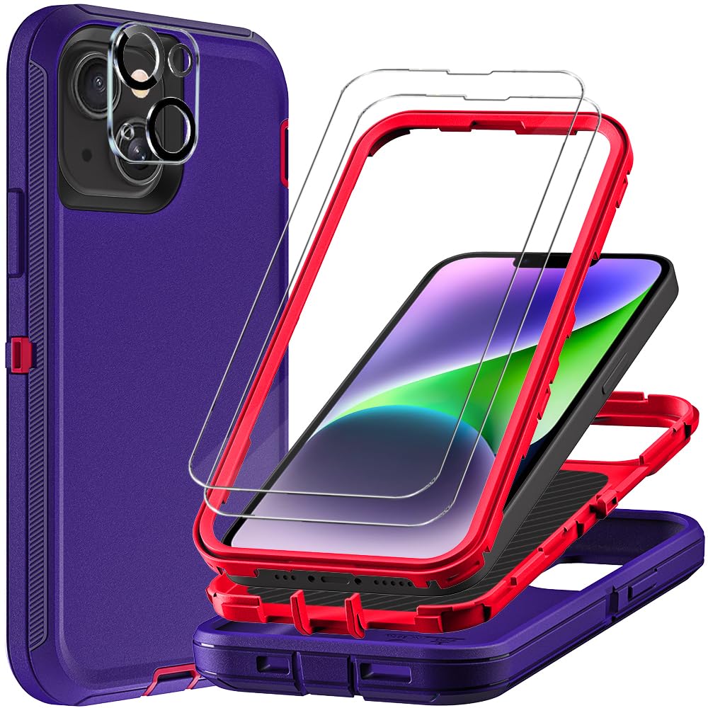 TFDSEUGH for iPhone 14 Plus Case with 2Pcs Tempered Glass Screen Protector and 1Pcs Camera Lens Protector, Military Grade 3 in 1 Heavy Duty Shockproof