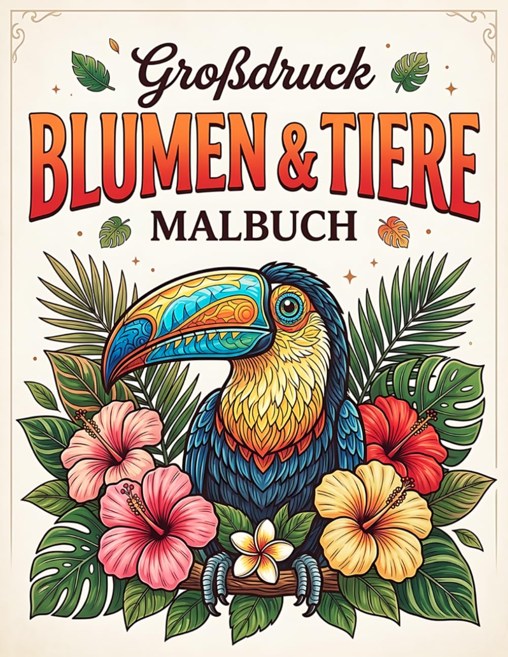Großdruck Blumen & Tiere Malbuch: 50 einfache Ausmalmotive mit wunderschönen Tieren und Blüten für Erwachsene und Senioren