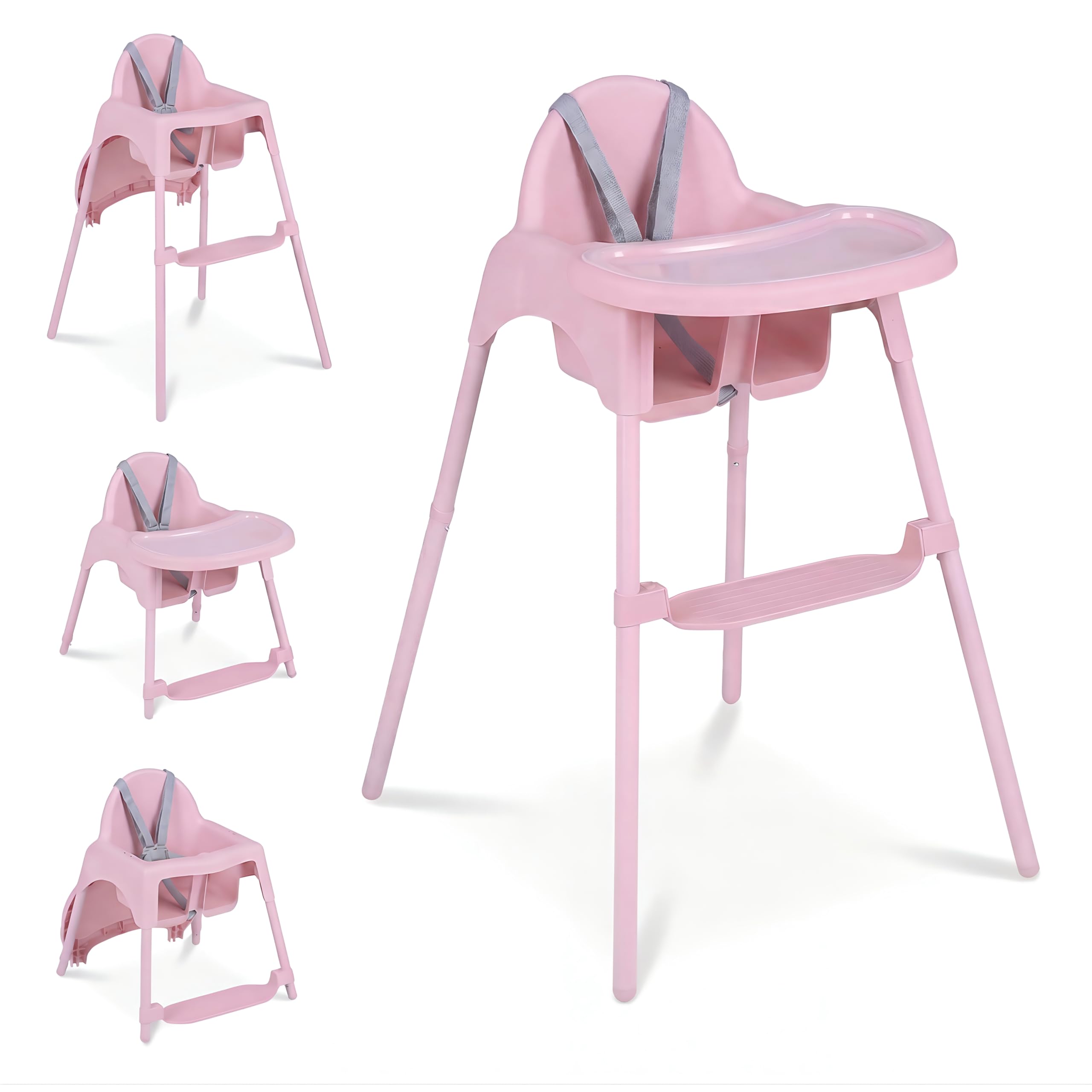 GYMAX 4 in 1 Convertible High Chairs for Toddlers, Infant Highchairs with 2 Heights, 5-Point Safety Harness, Removable Double Tray and Reversible Footrest, Baby Feeding Chair for 6-36 Months (Pink)