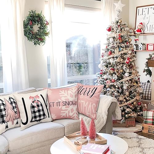 Miniatura 2 de Geefuun Juego de 4 fundas de almohada rosas de Navidad, decoración del hogar, 18 x 18 pulgadas, para Navidad, vacaciones, invierno, dormitorio, para
