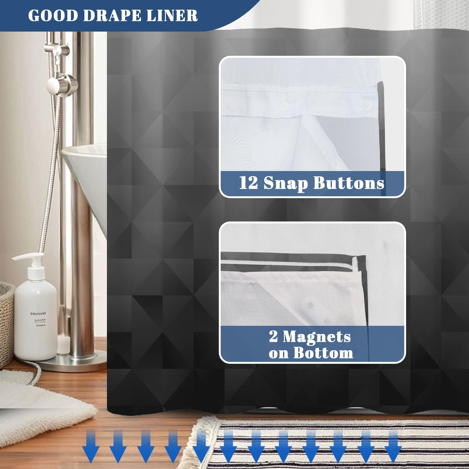 No Hook Shower Curtain with Snap in Liner Set, Black Gray Ombre Geometric Print - Mesh Top Waterproof Double Layer Bath Tub Curtain for Modern Loft & Minimalist Bathroom Decor, 71W x 74H