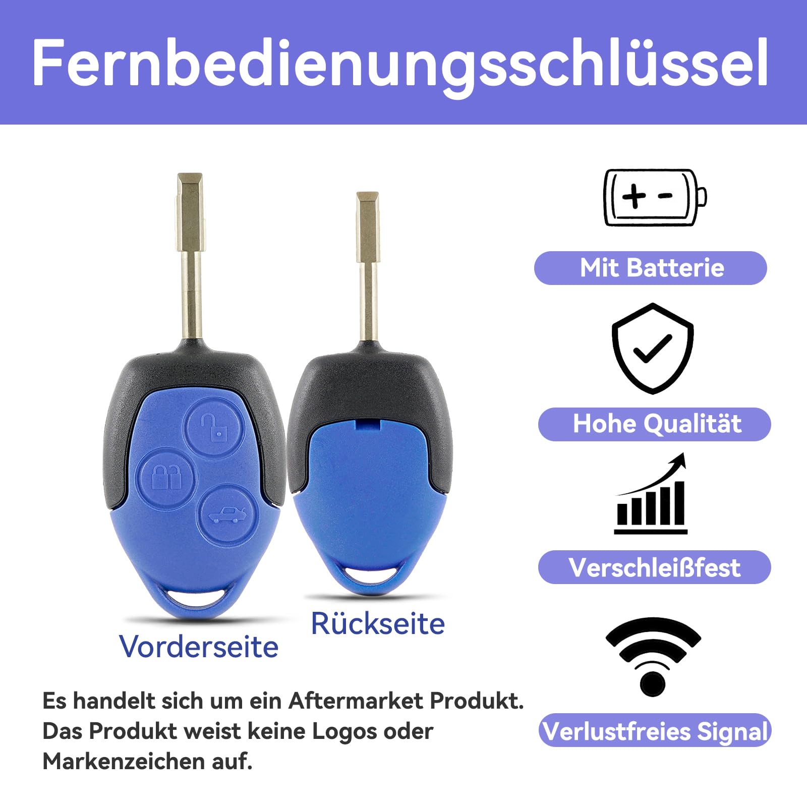 3 Tasten Fernbedienungsschlüssel für Ford Transit MK7, Blau, 433 MHz, mit CR2032 Batterie, 2006–2014