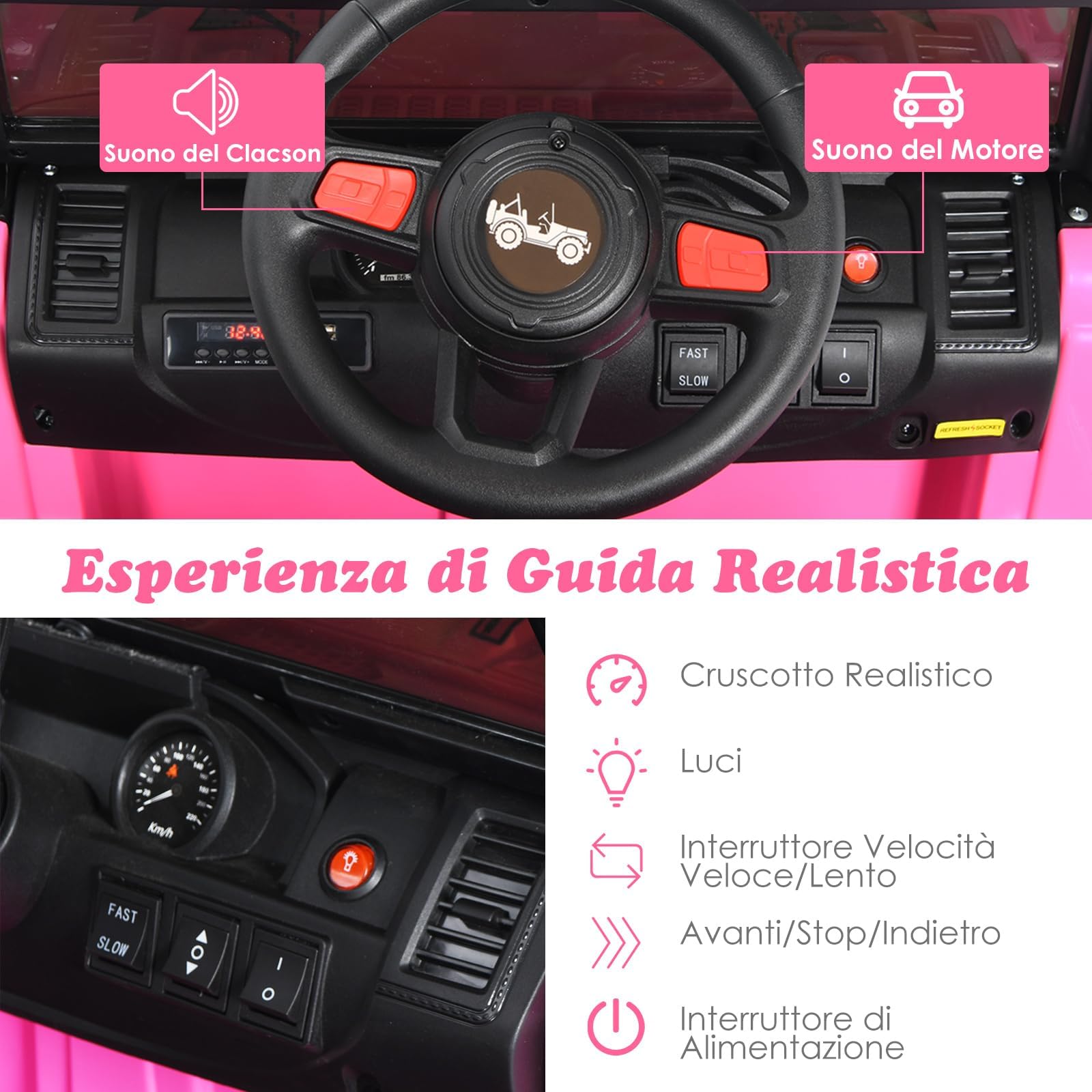 RELAX4LIFE Auto da Corsa per Bambini a 2 Posti, Veicoli Elettrici per Bambini, Macchinina per Bambini con Telecomando, Luce e Musica, Bluetooth e USB, Carico Massimo 35 KG (Rosa)