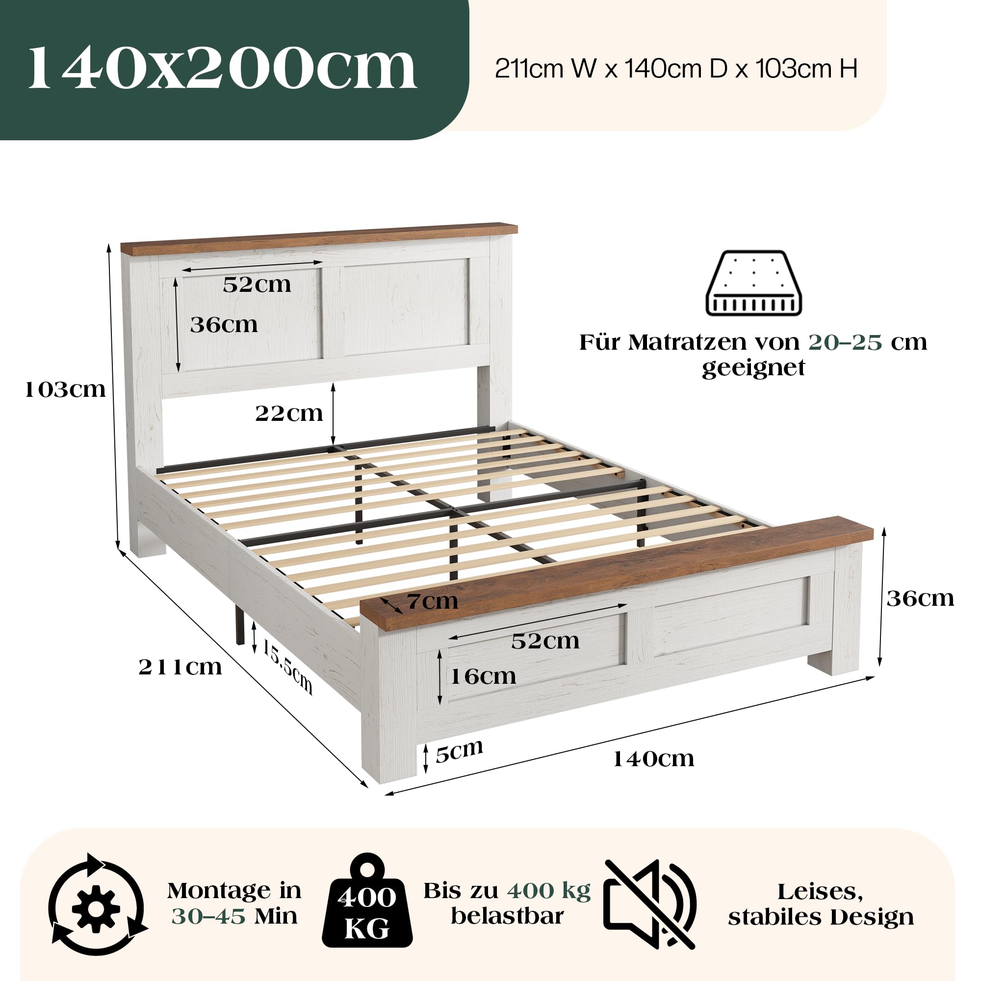 LUXOAK Bett mit Lattenrost, Bettgestell in Holzoptik mit Kopfteil im Rillen-Design, Modernes Holzbett im skandinavischen Stil, 15,5 cm Bodenfreiheit,Weiß (Weiß, 160 × 200 cm)
