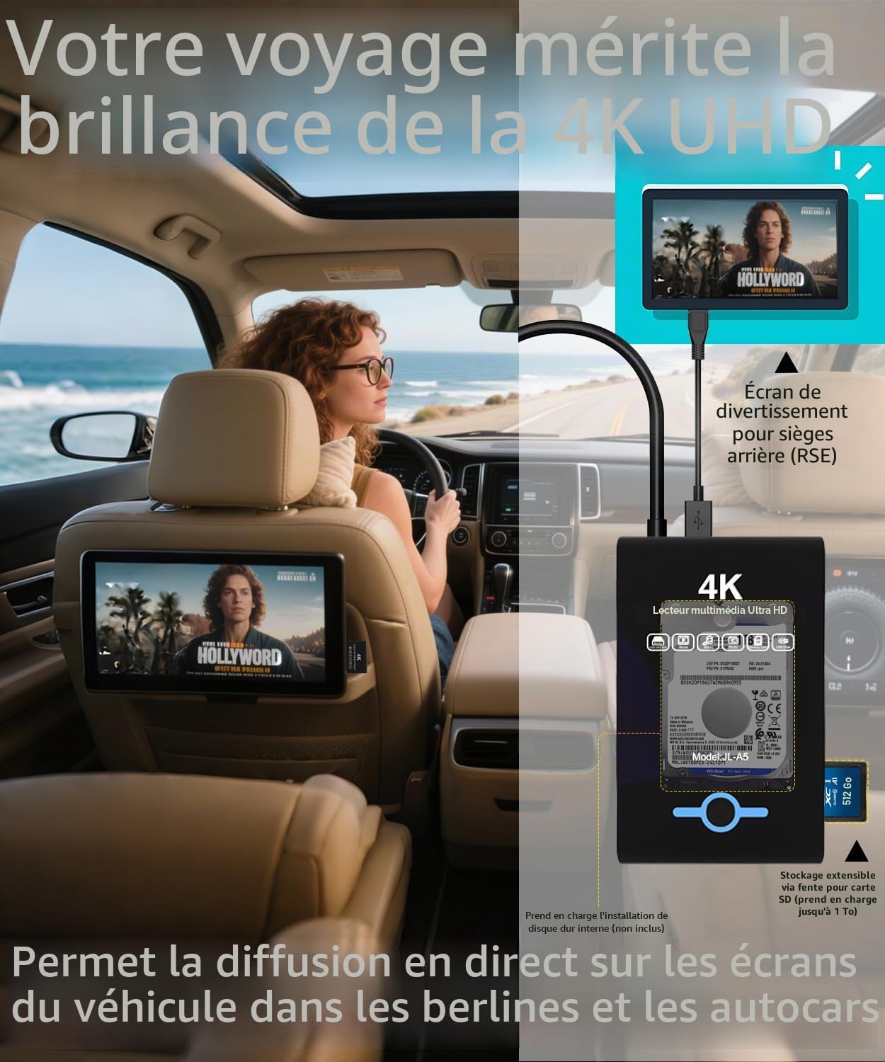 Lecteur multimédia 4K Ultra HD et boîtier HDD 2 en 1 : Lecture H.265/HEVC, H.264/AVC MP4, vidéos MKV, Musique MP3, Photos JPG, HDMI 4K, AV analogique, Prend en Charge 2", 2,5