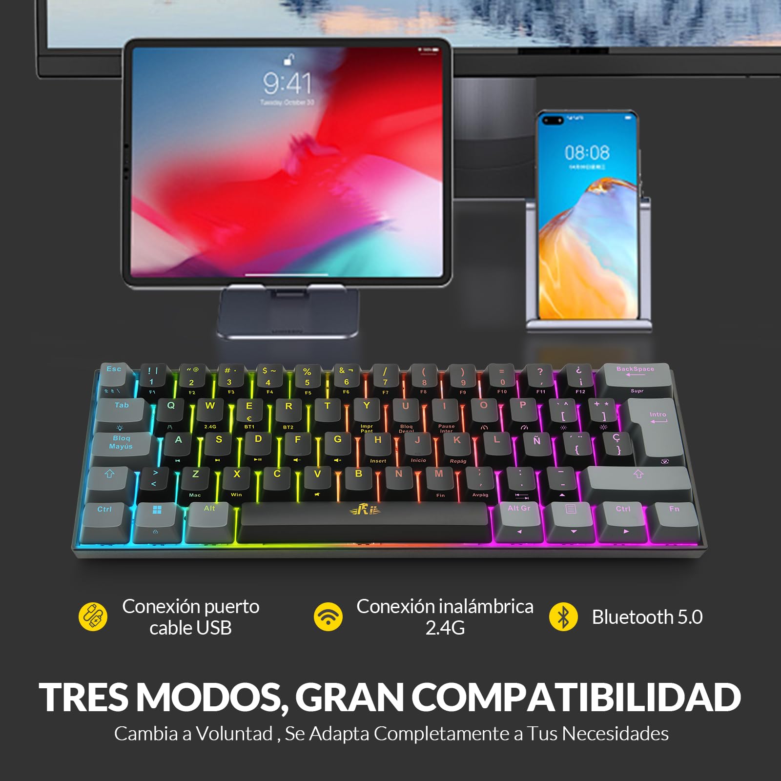 Rii RK802 Teclado Gaming Mecánico, 3 Modos de Conectividad, Retroiluminación RGB, 60% Layout Español (Interruptores Rojos)