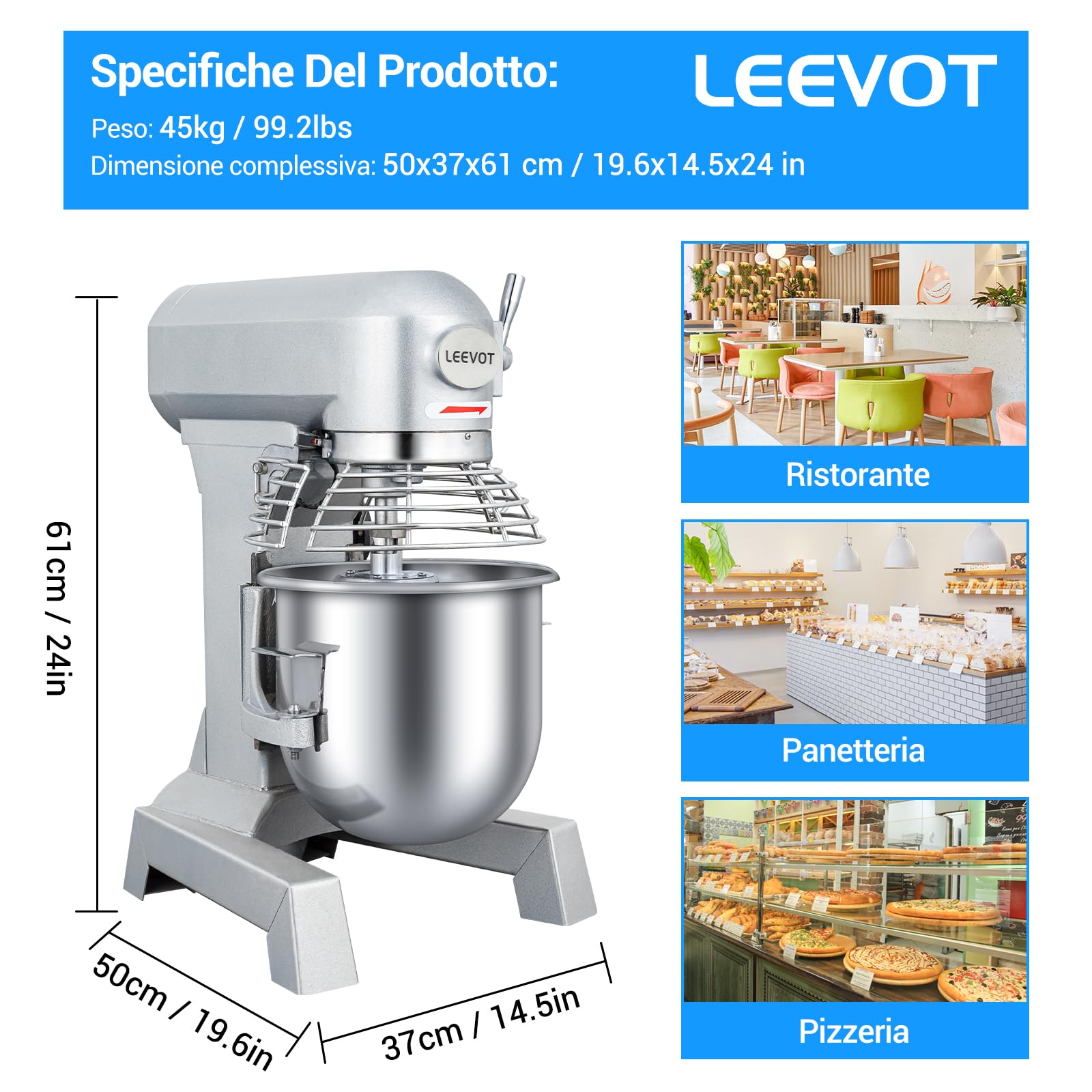 LEEVOT Impastatrice planetaria commerciale da 10L, impastatrice commerciale regolabile a 2 velocità da 500 W, impastatrice elettrica verticale per impieghi gravosi con vasca in acciaio inox per cucin