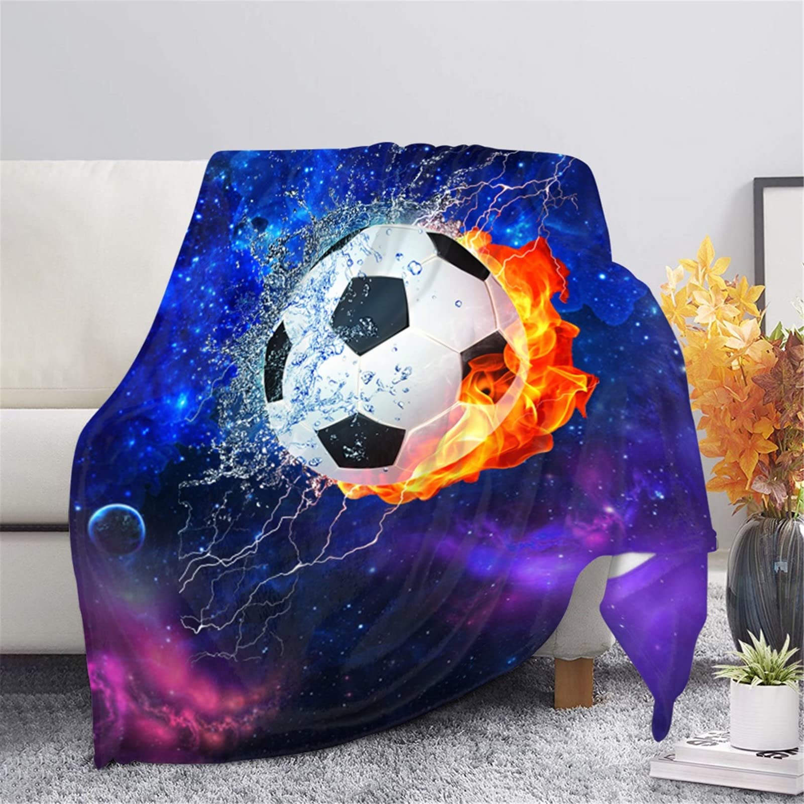 Showudesigns Football Galaxy Kids Throw Blanket Flannel Fleece Bed Blanket for Baby Adults, Warm Blankets Washable Couch or Bed Throws 60x80 Inch Soccer Blue
