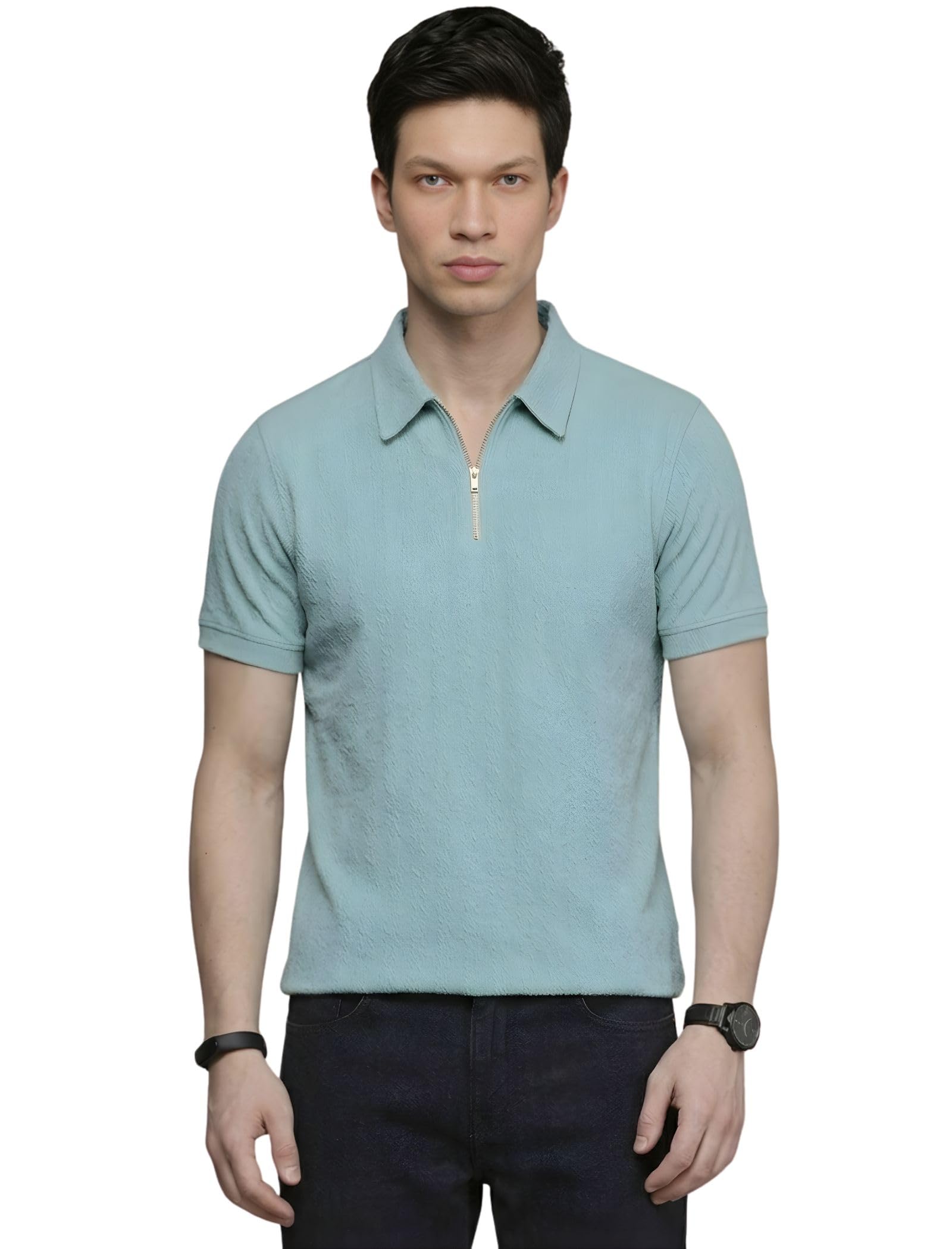 DressBerry Menâ€™s Textured Polo T-Shirt with Zip Collar Neck, Half Sleeve Cotton Blend Ribbed Tee, Stylish Solid Casual Wear Top for Men in neutral