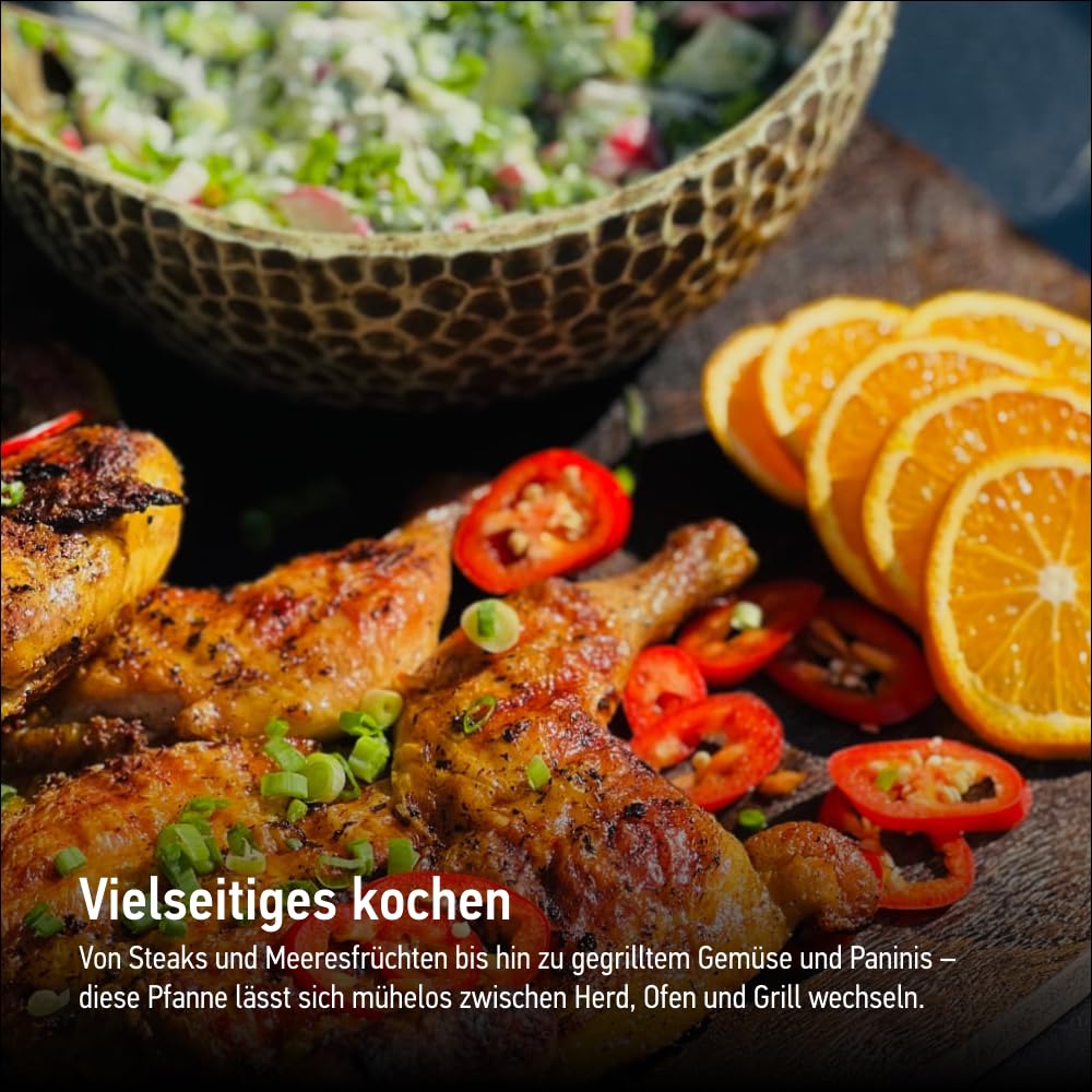 Gusseisen Grillpfanne mit geformten Griffen - Klassisch, Rund Steakpfanne Geeignet für alle Herdarten, Gasherde, Backöfen, Gasgrill - Grill pfanne Ø34cm, Blau