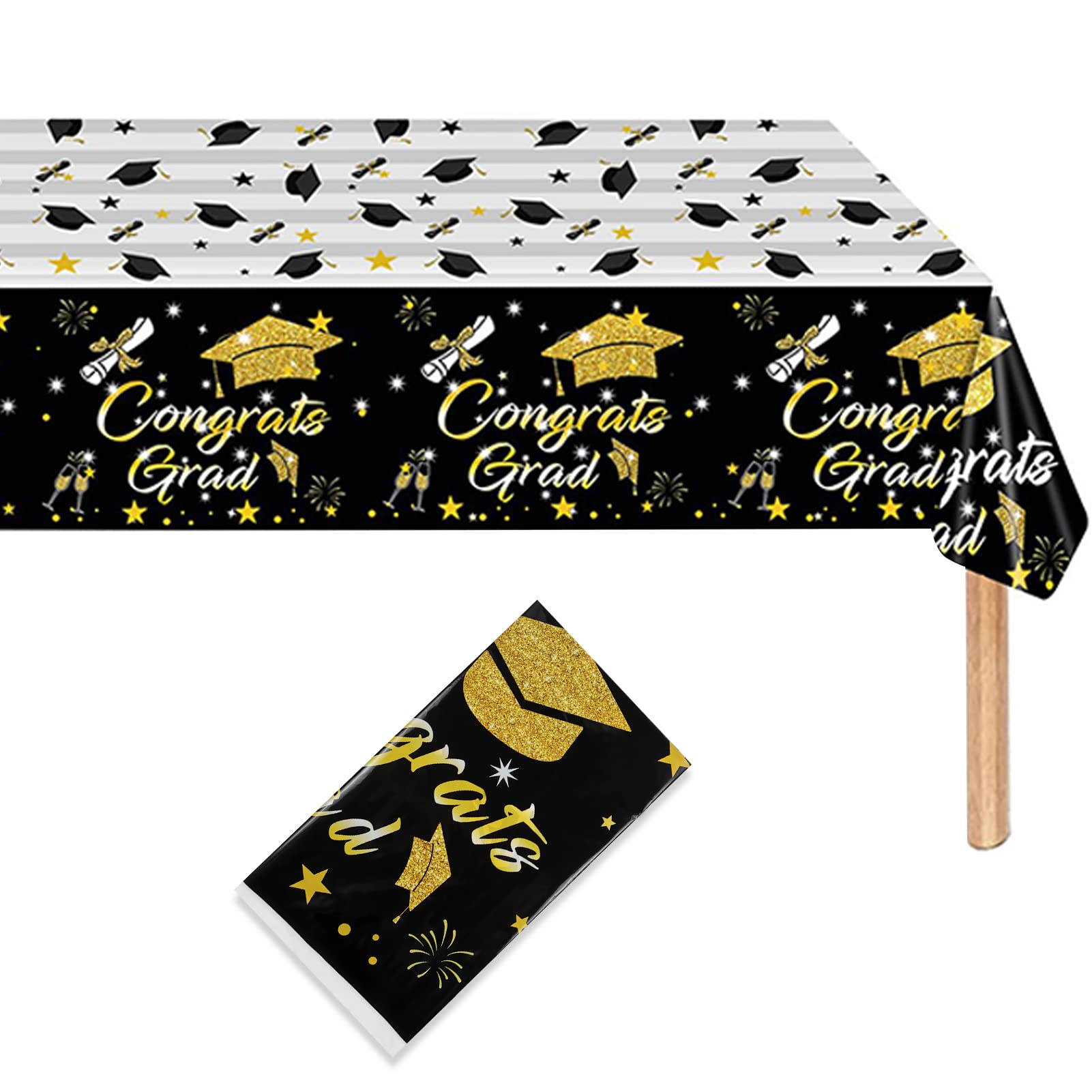Rainmae 1 Pack 2022 Black and Gold Tablecloth Graduation Party Supplies Waterproof Plastic Rectangle Table Cover for College High School Congrats Grad Party Decoration Table Decorations (54X108inch)