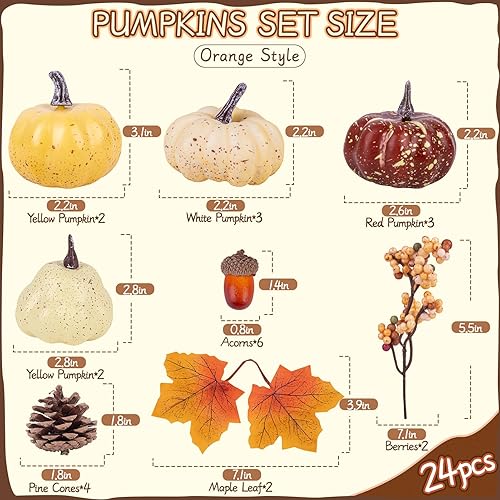 Miniatura 4 de VEKDA 24 decoraciones de calabaza falsa para decoración de mesa de Acción de Gracias con mini calabazas, bellotas, piñas, bayas, hojas de arce,
