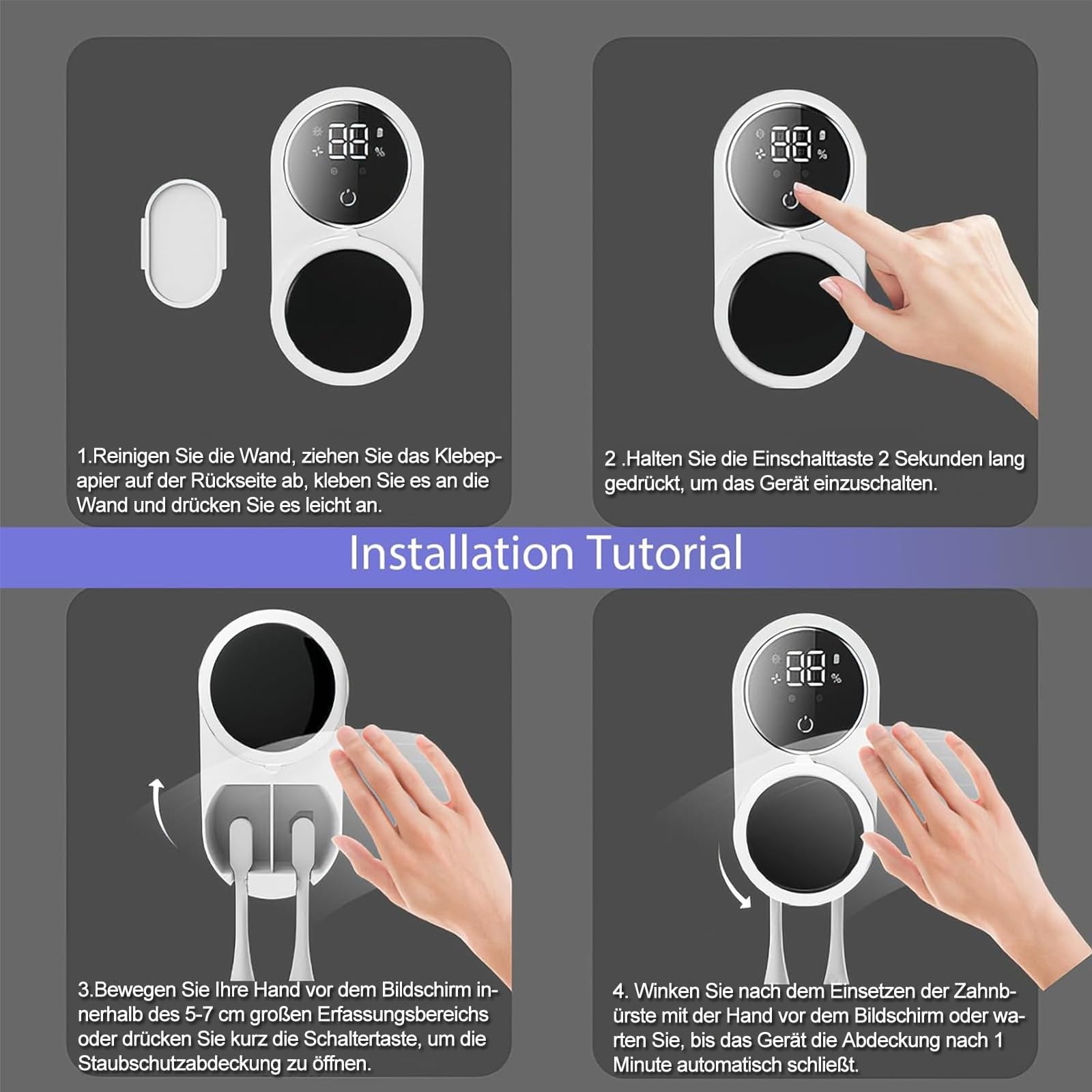 Soporte para cepillo de dientes, soporte para cepillo de dientes eléctrico para montaje en pared con secado, soporte para cepillo de dientes desinfectante, sin taladrar, con 2 ranuras para cepillos de
