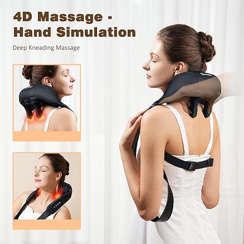 Miniatura 2 de KNQZE Masajeador de cuello con calor, masaje de amasamiento de tejido profundo 4D inalámbrico, almohada de masaje Shiatsu para cuello, trampas,