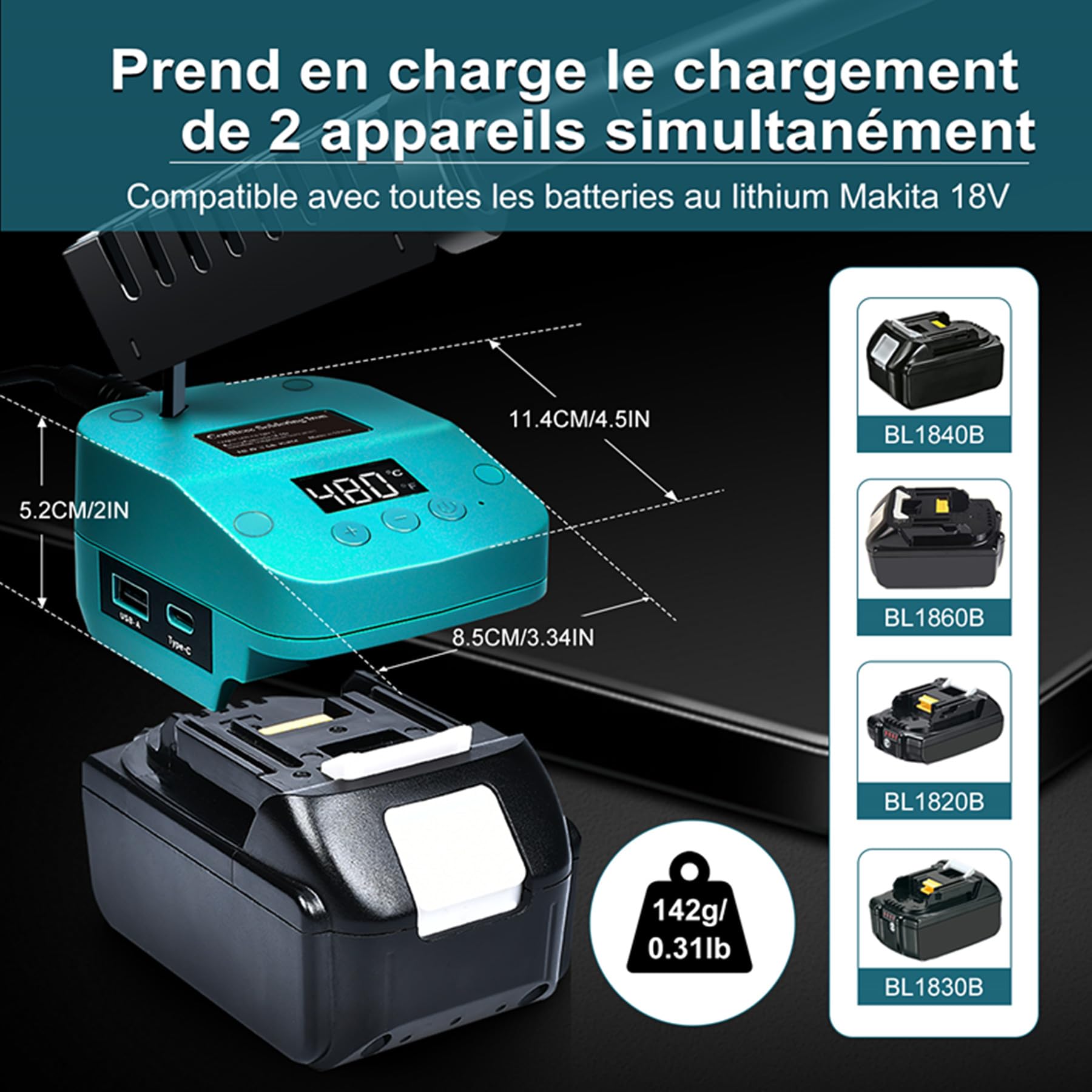 de fer à Souder sans fil Compatible Avec Batterie Makita 18V, de Soudure Portable Avec écran LCD, Conversion de Température C°/F°, ports USB &Type-C pour Bricolage, Réparation D'appareils, Bleu