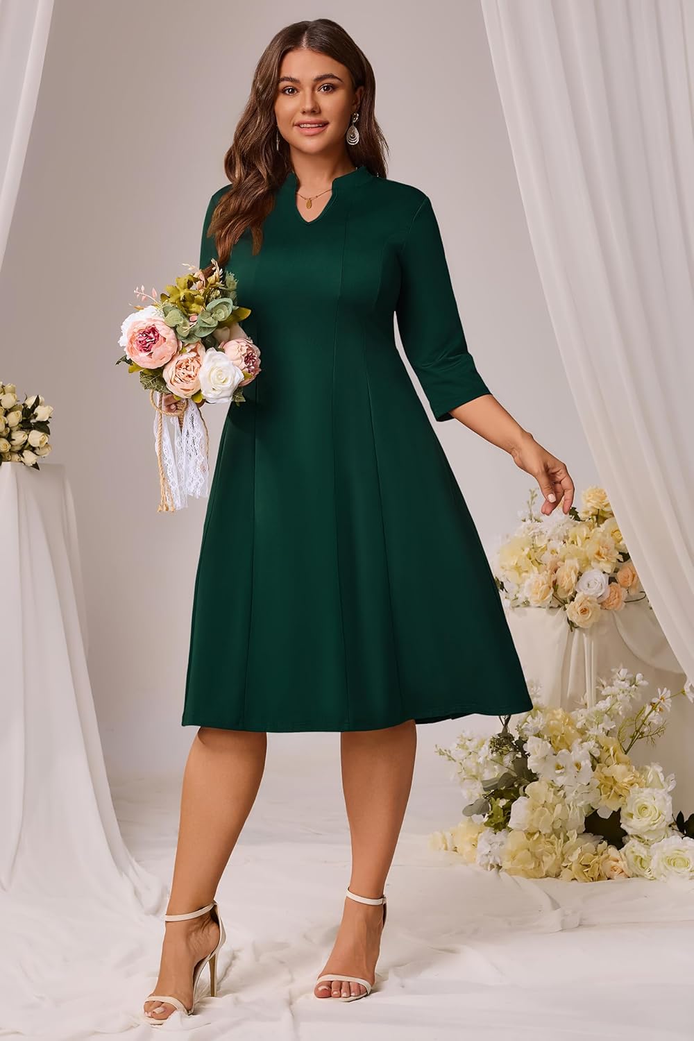 Runwind Plus Size Dresses for Curvy Women, V-Neck 3/4 Sleeve Semi-Formal Fall Church Wedding Guest Cocktail Party Midi Dress - Image 4