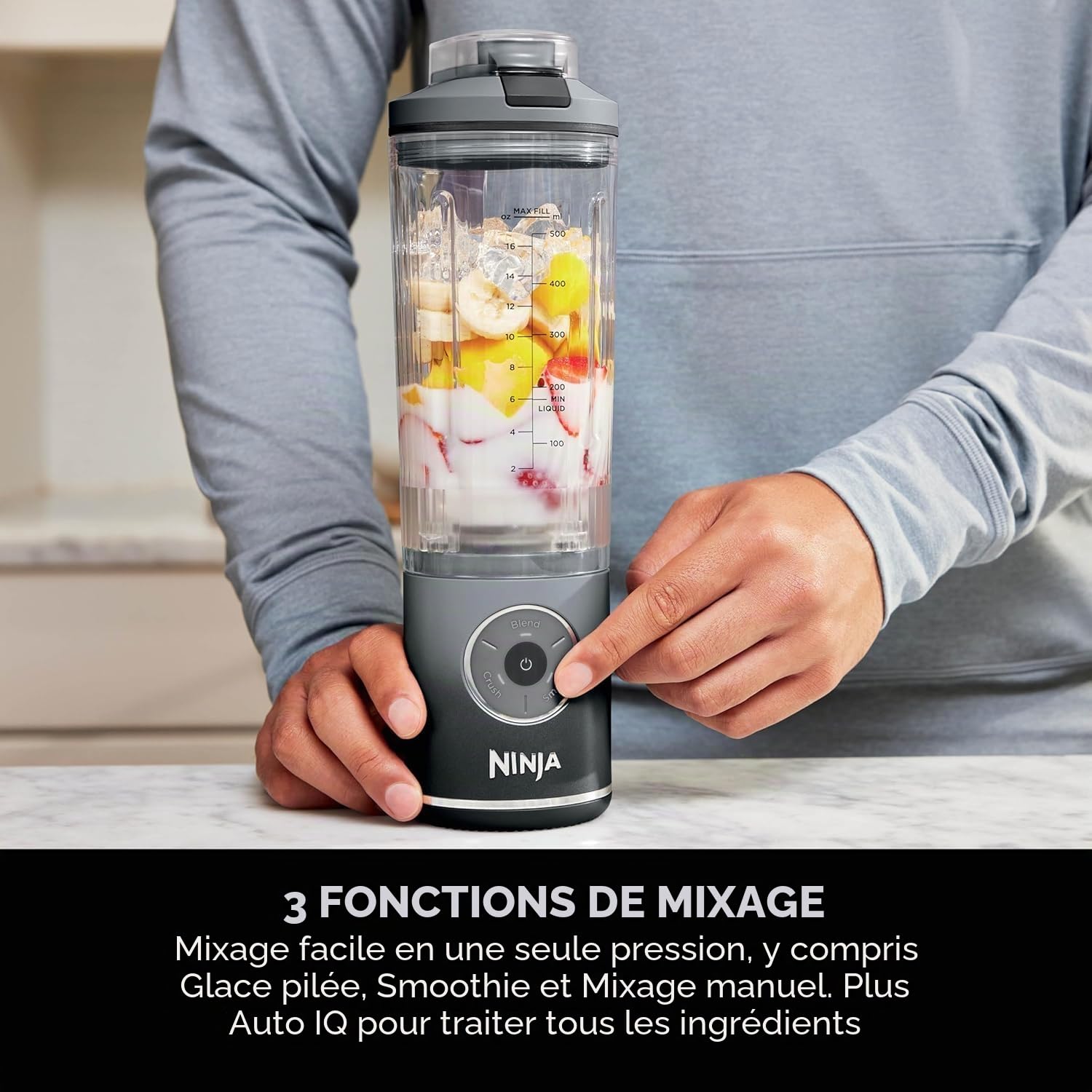 Ninja Blast Max BC251EUGY Mixeur portable, 570 ml, batterie rechargeable, tasse de mélange et couvercle anti-fuite, 3 fonctions de mélange, permet de préparer des smoothies, des boissons protéinées