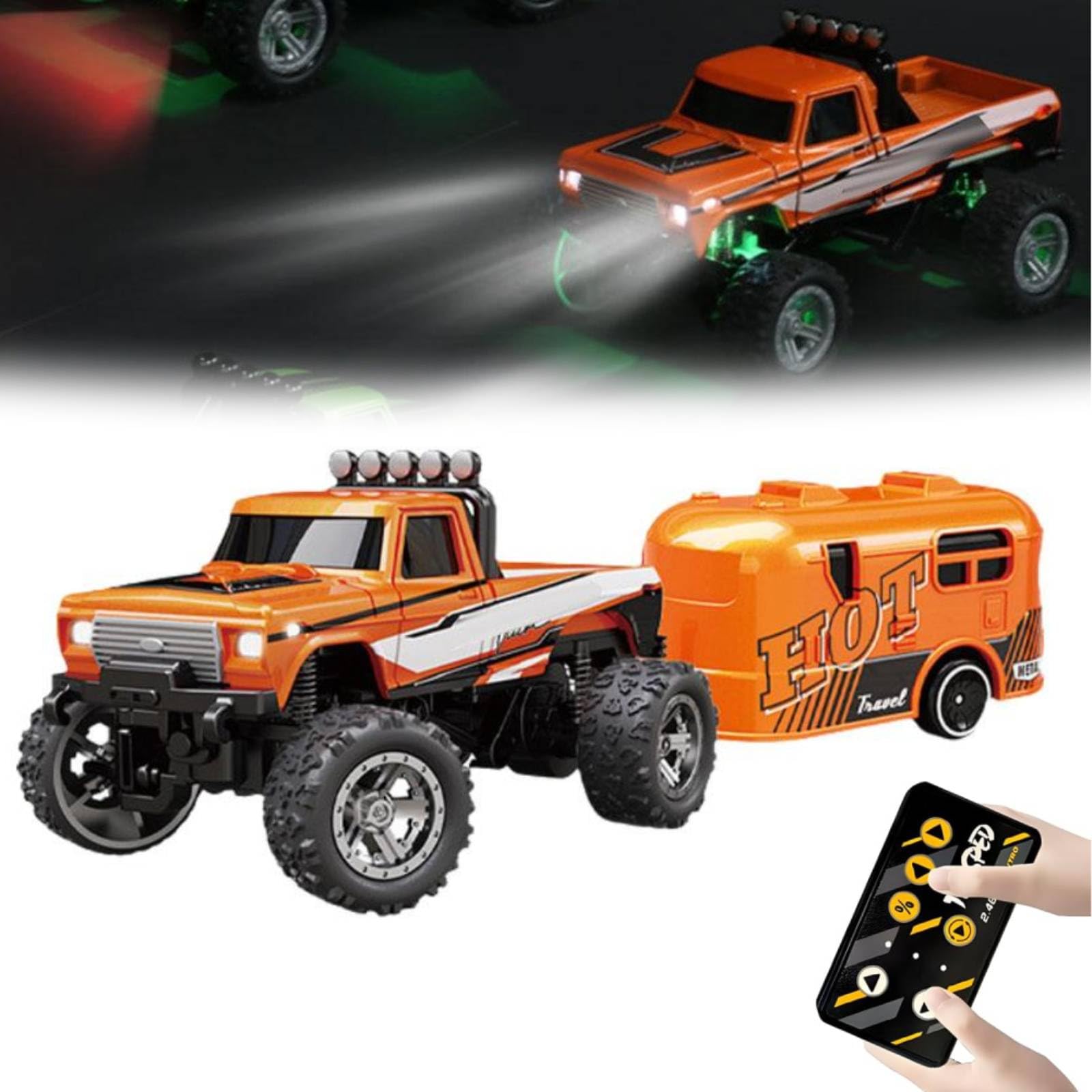 Mini RC Monster Truck, Mini RC Monster Truck USB Rechargeable Underflow with Trailer, 1:64 Scale Monster Truck Remote Control Car with Lights, 2.4Ghz Remote Control (orange)