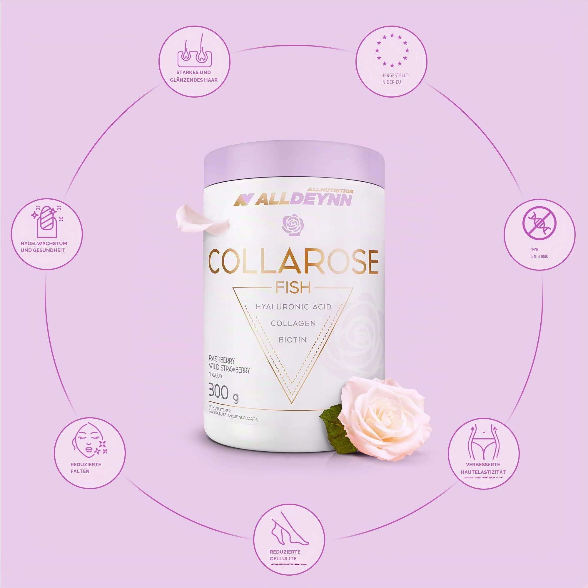 ALLDEYNN Collarose Fischkollagen-Pulver - Fischkollagen-Hydrolysat mit Hyaluronsäure, Biotin - Anti-Aging Hautbehandlung - Haarergänzungsmittel - 300g - Orange