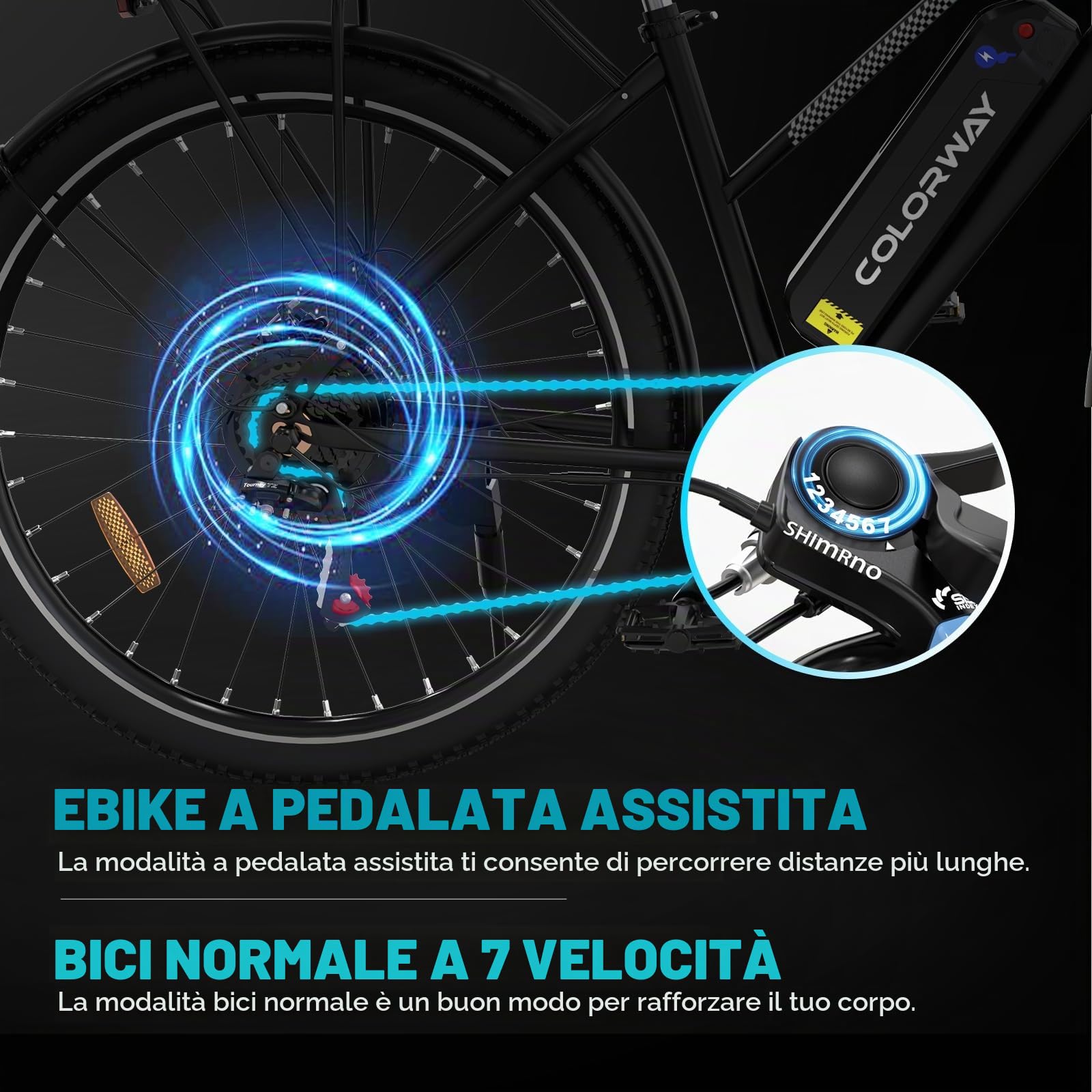 COLORWAY Bici Elettrica Uomo e Donna, Pneumatici da 28 pollici, Mountain Bicicletta Elettrica, 250W/36V/15AH, freni a doppio disco, due modalità di guida,7 velocità, autonomia fino a 45-100KM