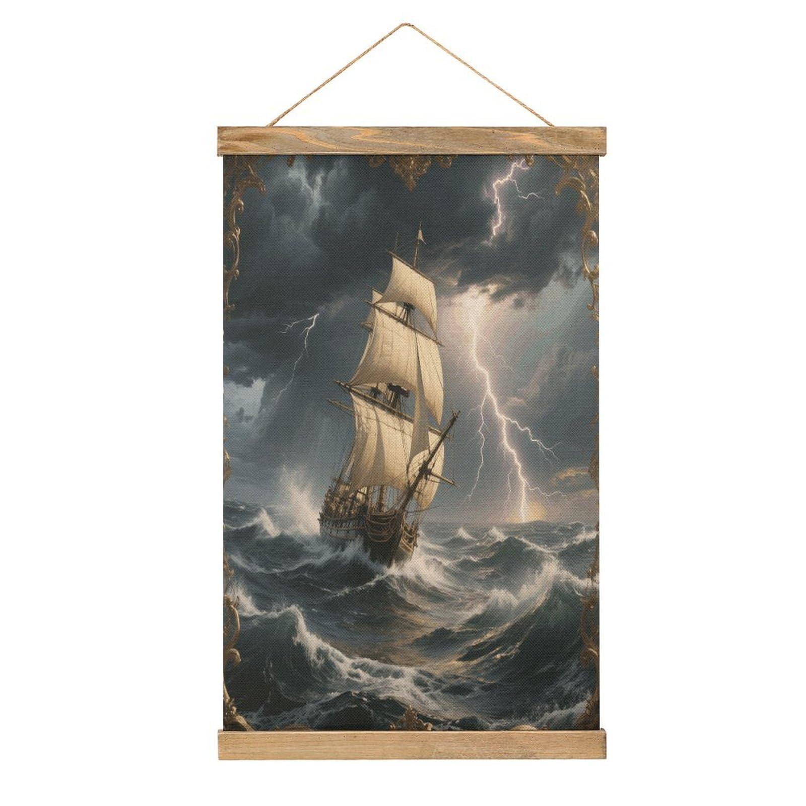 VstaDank Sailing Ship in Stormy Sea Hanging Poster with Wooden Frame Modern Linen Hanging Painting Retro Style Wall Decor Art Painting for Living Room,Bedroom Decor Poster Frame 20.4x13.1inch