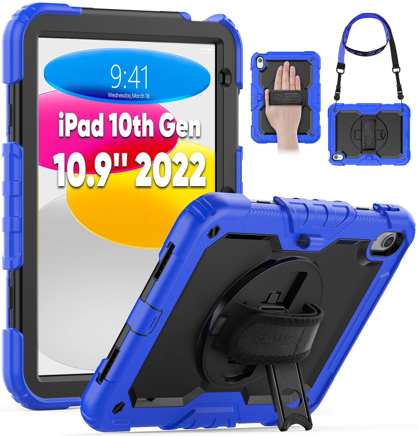 SEYMAC Case for iPad 10th Generation Case 10.9 Inch 2022, Sturdy Heavy Duty Full-Body Shockproof Protective Case with Screen Protector, Rotating Stand, Hand/ Shoulder Strap for iPad 10th Gen Blue