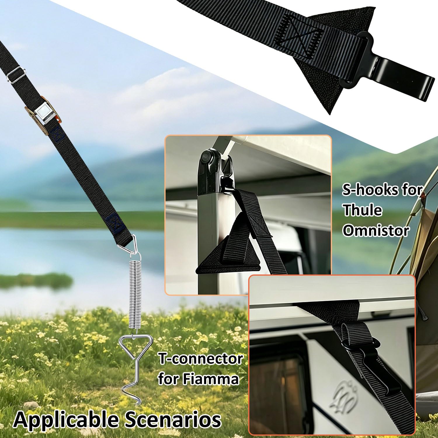 Sturmband Markise,Sturmband für Vorzelt,Markisensicherung Sturmband,Sturmband Markise Set für Thule Omnistor,Markisen Sturmsicherungmeisten Wohnmobil Hold Down Side Strap kit mit Sturmleine Auto & Motorrad