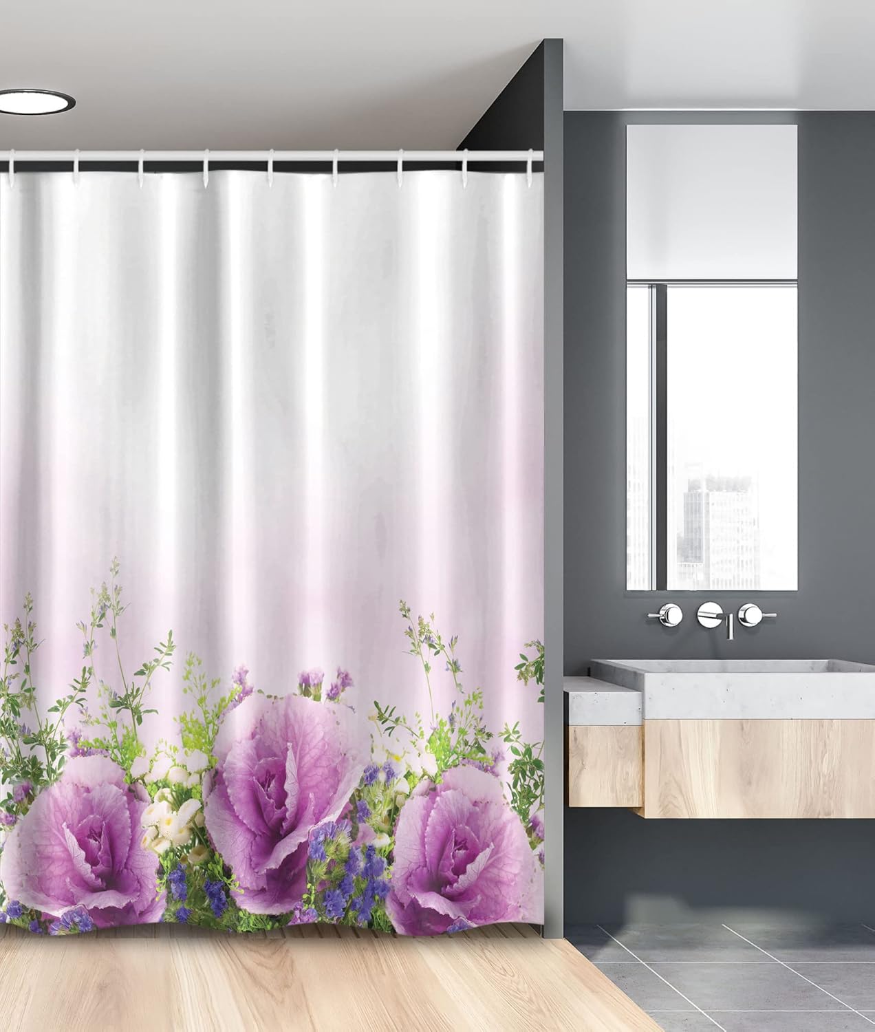 Ambesonne Flower Stall Shower Curtain, Spring Cabbage Flowers in Fragrant Bouquet with Partially Shaded Color Romance, Fabric Bathroom Decor Set with Hooks, 54" W x 78" L, Lavender Green