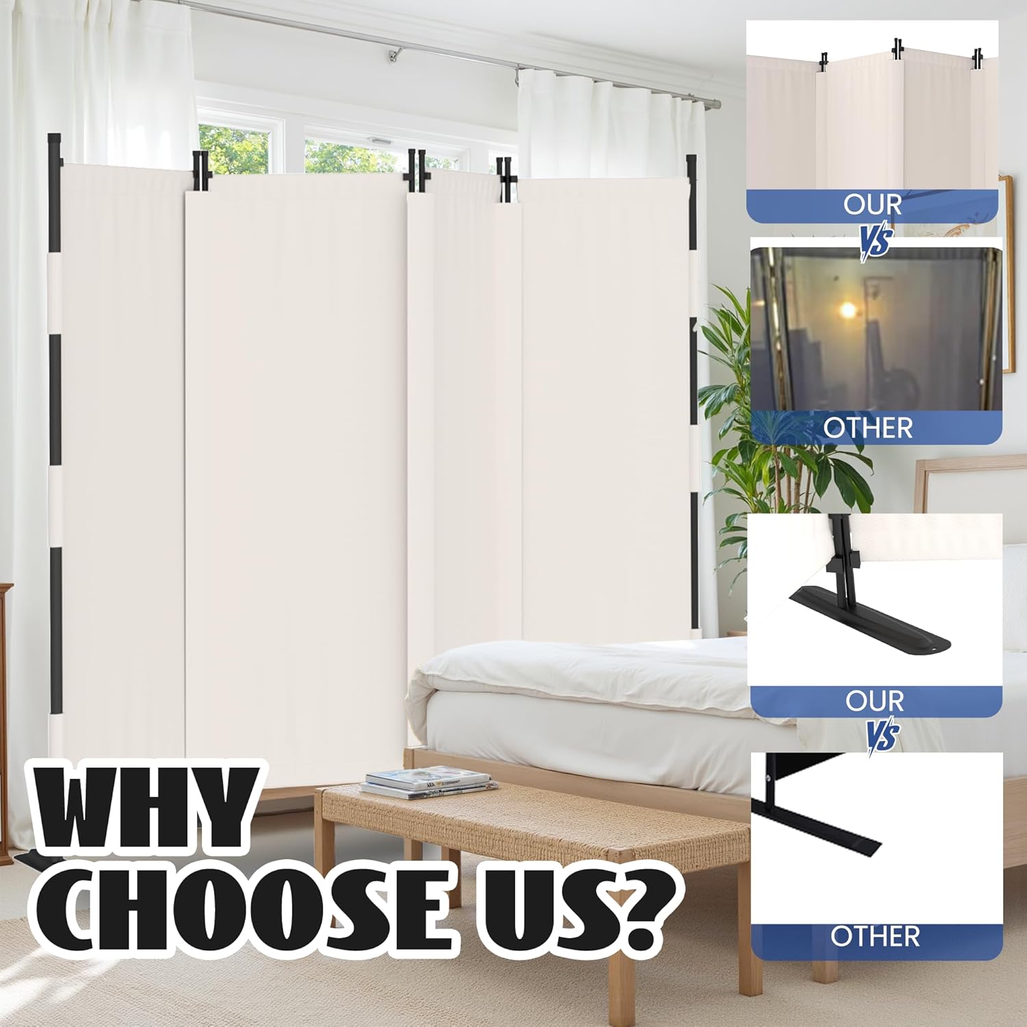 GOJOOASIS Room Divider 4 Panel Folding Privacy Screen, Portable Small Room Dividers Partition 88" Wall Dividers for Room Separation Upgrated Seamless Accordion Room Divider (White, Type A)