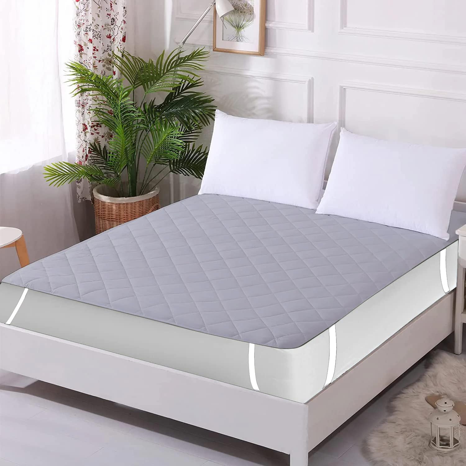 Trance Home Linen 100% Cotton Quilted Bed Cover | Queen Size Double Bed Quilted 100% Cotton Pad | Water Resistant - | Mattress Protector with Elastic Straps on Corners (72x60 inch, Grey)-picture-17
