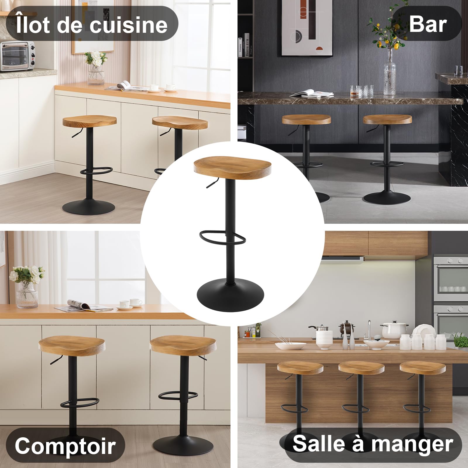 WOLTU Tabouret Bar, Chaise de Bar, en Bois, Cadre en Métal, Réglable en Hauteur, Pivotant à 360°, avec Repose-Pieds, Industriel, Chêne foncé, BH413dc-1
