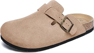 Xiakolaka Women's Suede Leather Clogs with Adjustable Buckle & Cork Footbed - Comfortable Slip-On Home Slippers