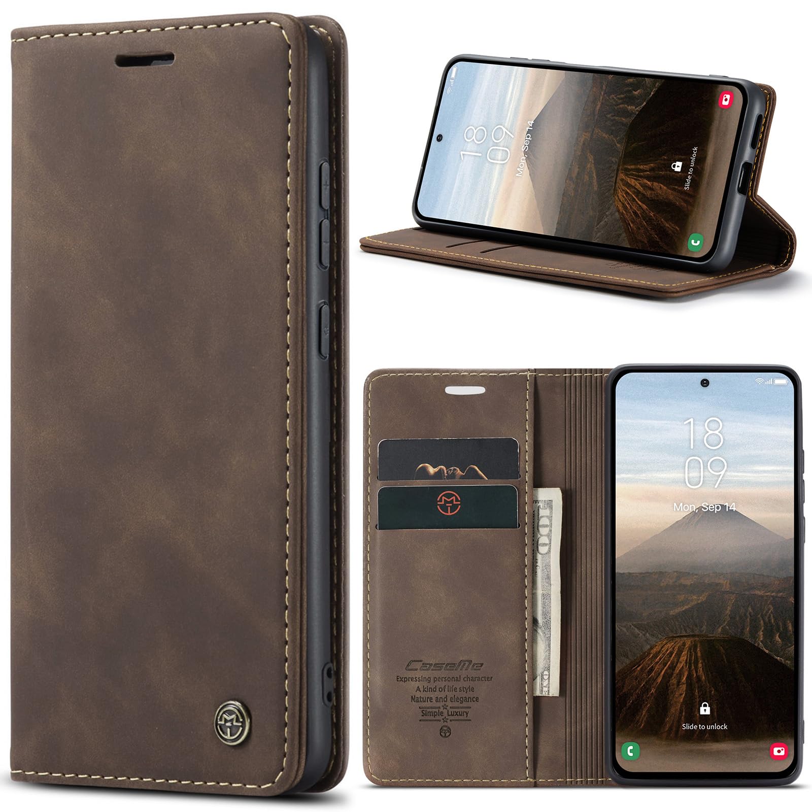 Azororo Cover per Samsung Galaxy S25 5G, Premium PU Pelle Custodia, Magnetica Carta Fessura Portafoglio Case, Flip Cavalletto Custodia per Samsung Galaxy S25- Caffè